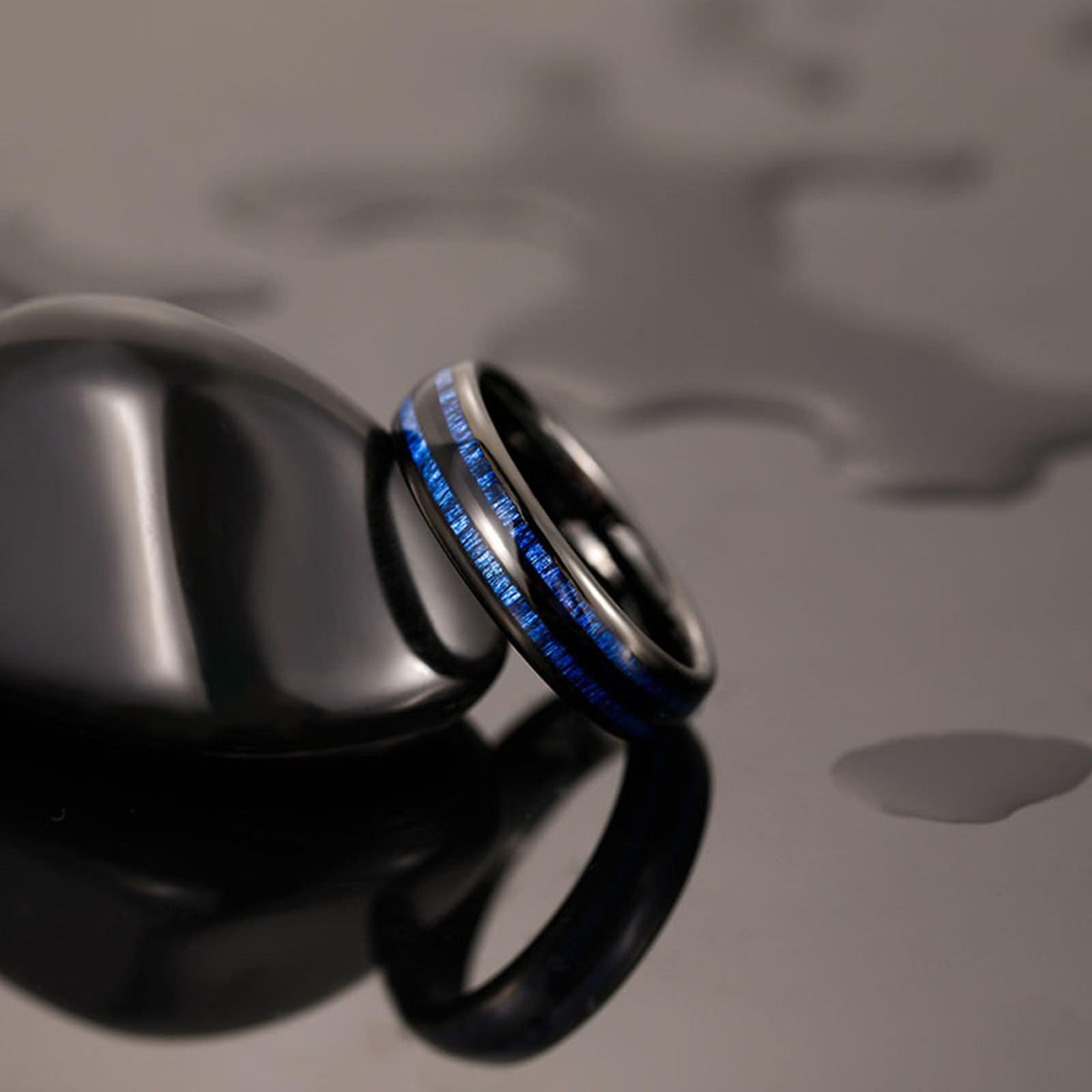 Anillo de boda de carburo de tungsteno para hombre, anillos de aniversario para hombre, anillo de grano de madera azul pulido con incrustaciones