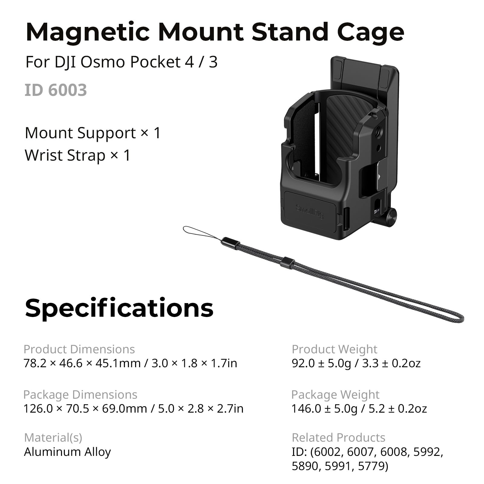 SMALLRIG Magnetischer Stativständer für DJI Osmo Pocket 4/3, 270° Verstellbarer Magnetadapter, 1/4"-20-Gewindebohrungen, Arca-Swiss, Tisch-Vertikalhalterung -6003