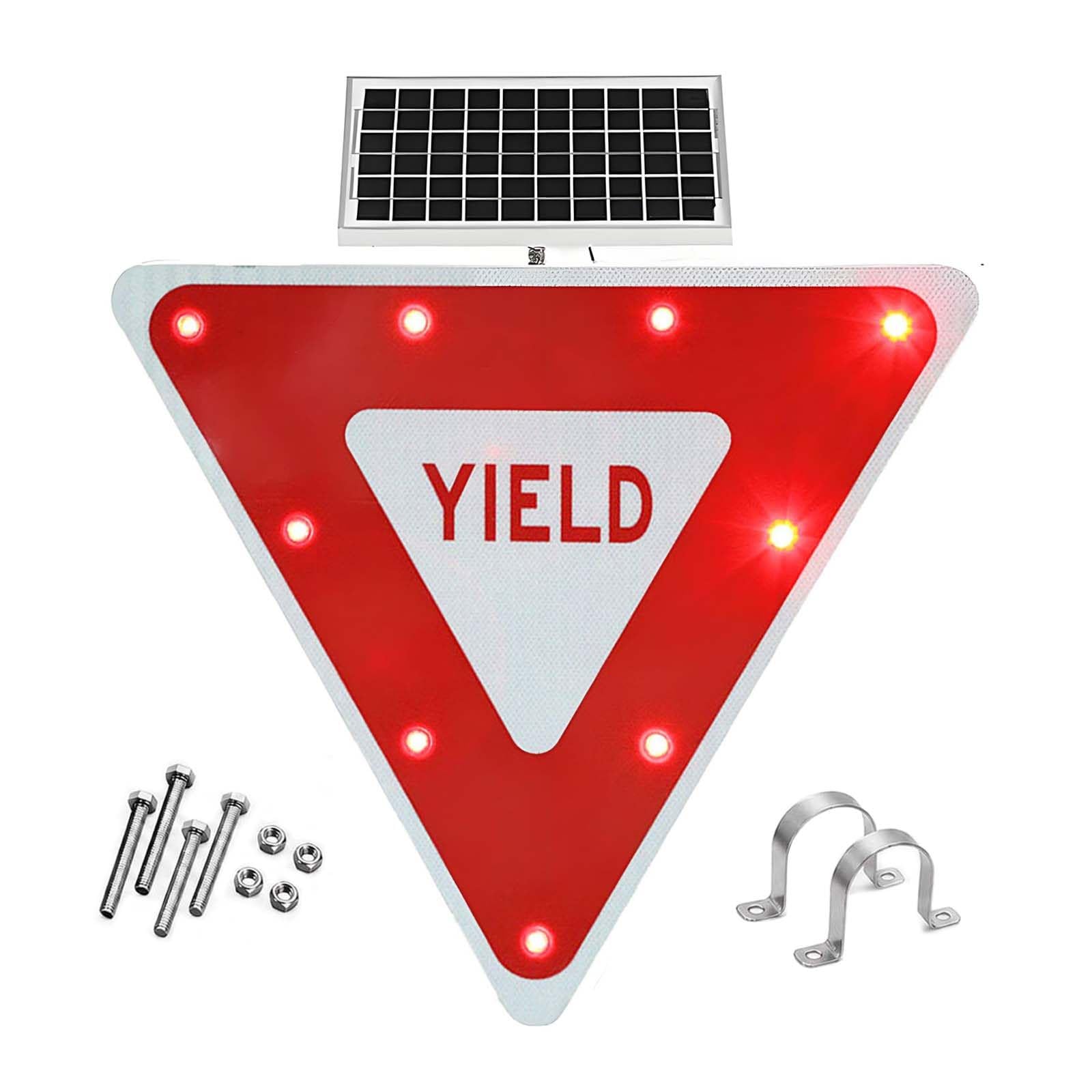 QFGain Solar LED Flashing YIELD Sign for Pedestrian Crossing, 0.5 Miles Visibility 6000mcd, Heavy Duty Aluminum Solar Stop Sign with Auto Sensor for School Zone