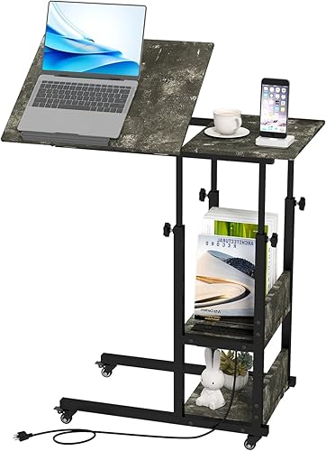 Hadulcet Mesa C ajustable con estación de carga, escritorio inclinable en forma de C para sofá, mesa sobre la cama con ruedas de altura ajustable,