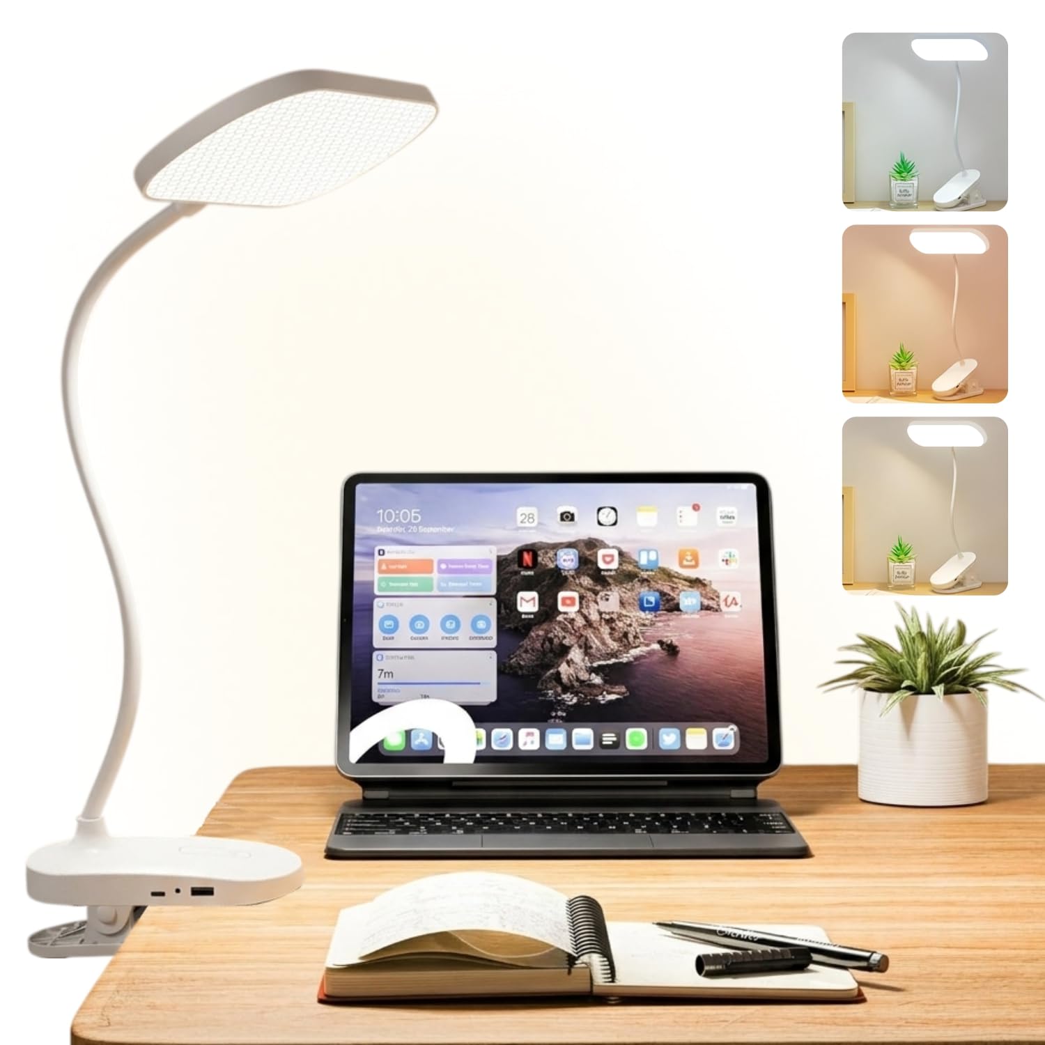 Dyazo LED Table Desk Clip Lamp | Flexible Bendable Arm with 3 Color Modes & Adjustable Brightness | Eye-Caring Rechargeable with Power Indicator Light for Books Reading, Bed, Kids & Home Use (White)