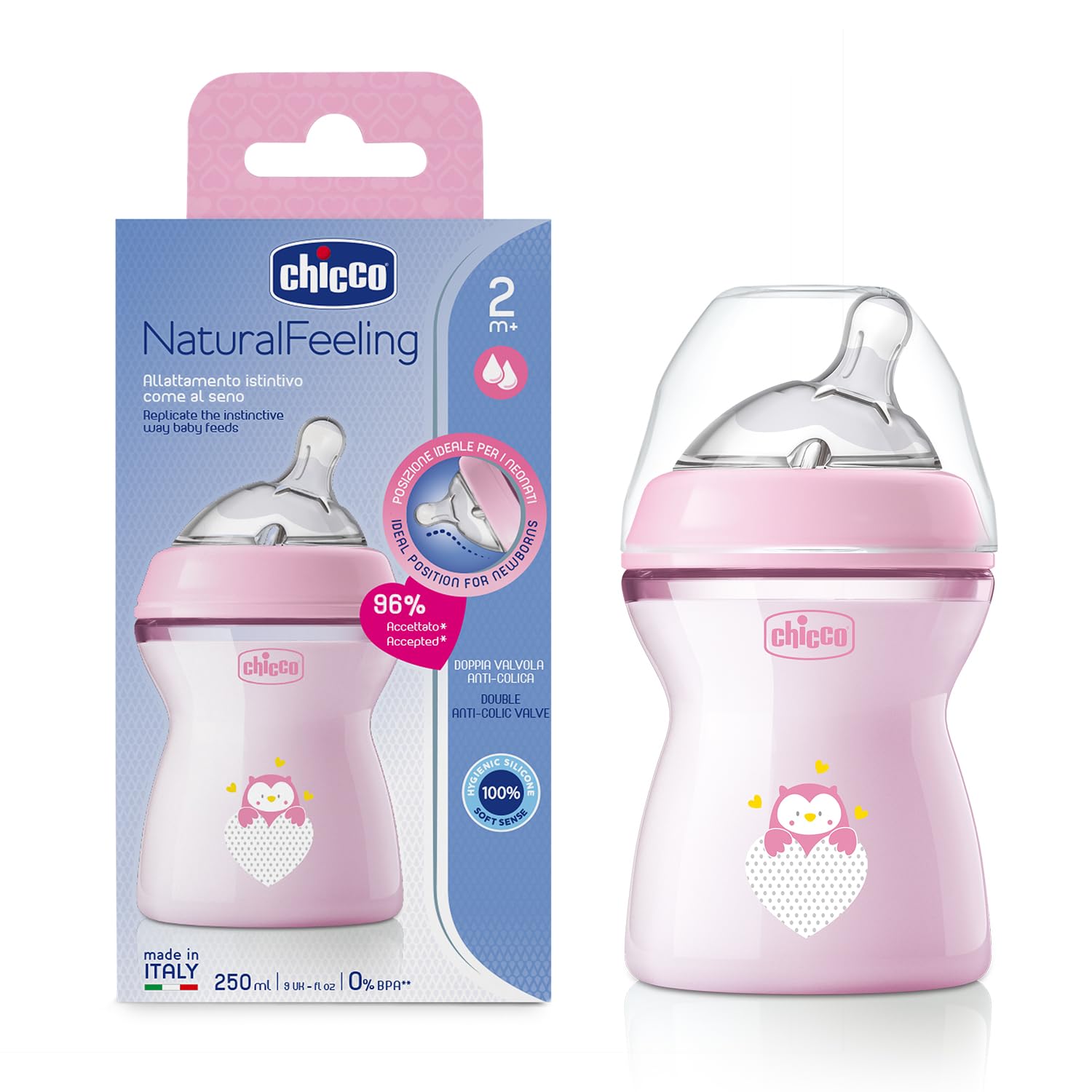 Chicco Natural Feeling Feeding Bottle for Babies, 250ml (2+ Months) |Mother Breast Like Teat| Soft Silicon, Anti-Colic Teat | Angled Teat Suitable for Newborns | with Anti-Drip Cap | BPA Free (Pink)-image-32