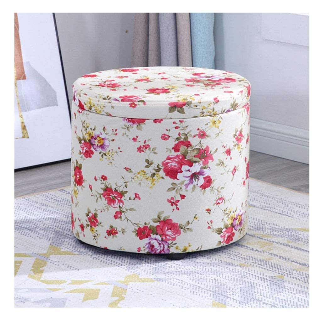 Repose-Pieds Rond en Lin avec Couvercle Amovible et Motif de Fleurs