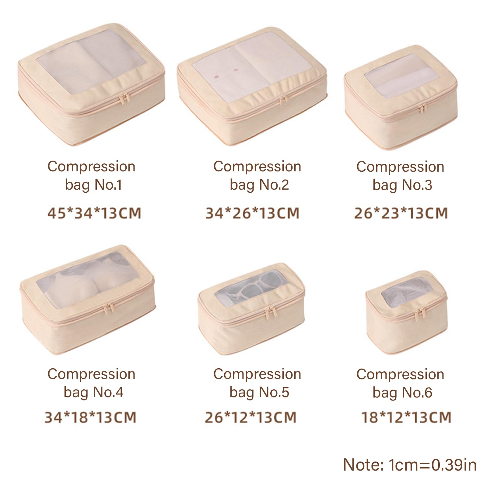 Set di 6 cubi da viaggio salvaspazio per bagagli, beige | Organizzatori per l'imballaggio efficiente di risparmio di spazio per le donne