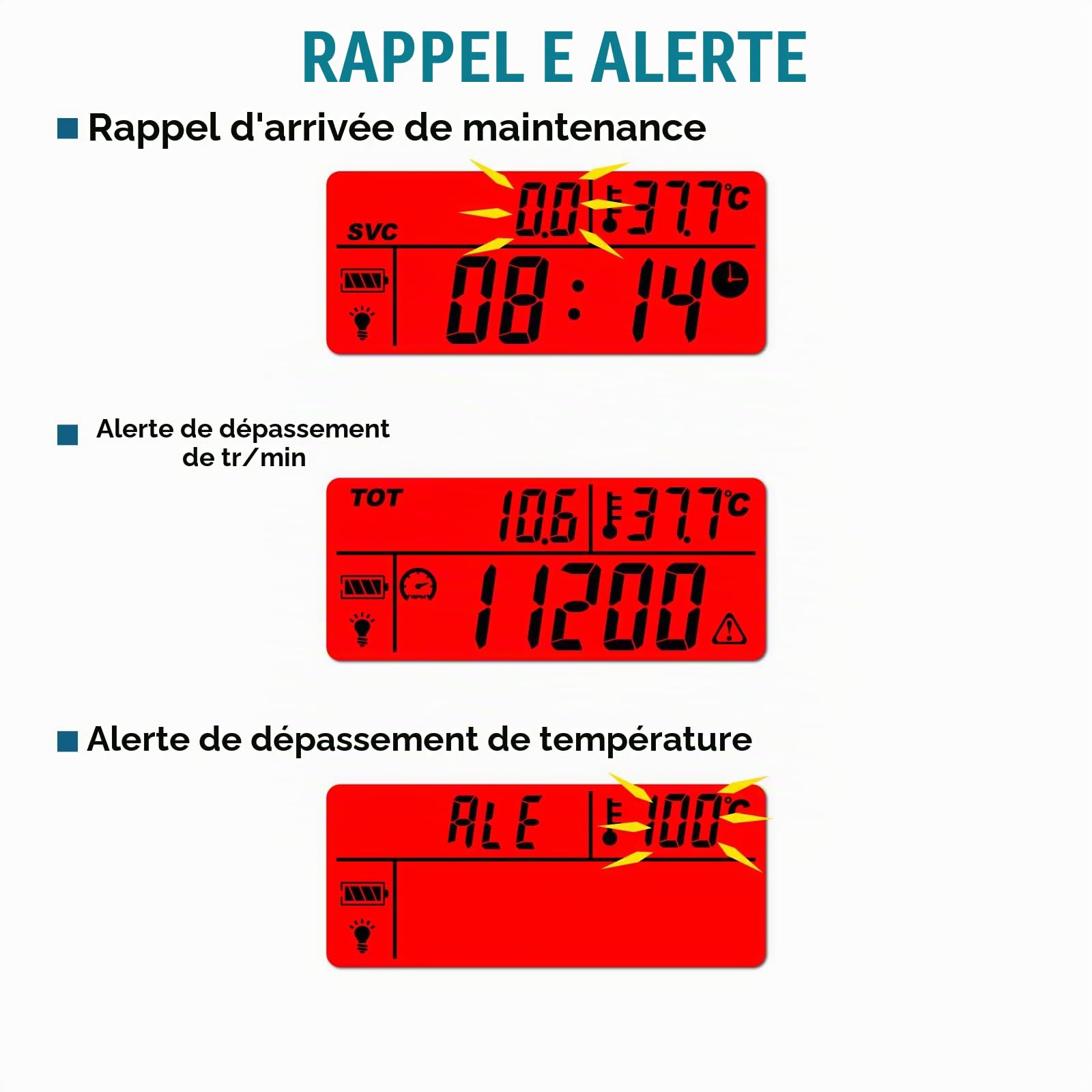 Runleader Compteur horaire numérique,jauge de température du moteur, alerte RPM et température,affichage des rétroéclairages pour tracteur de pelouse,générateur de compresseur,motoneige | RL-HM035A-TS002 Alarme RPM Et Temp,Écran Rétroéclairé,Pour Tracteur