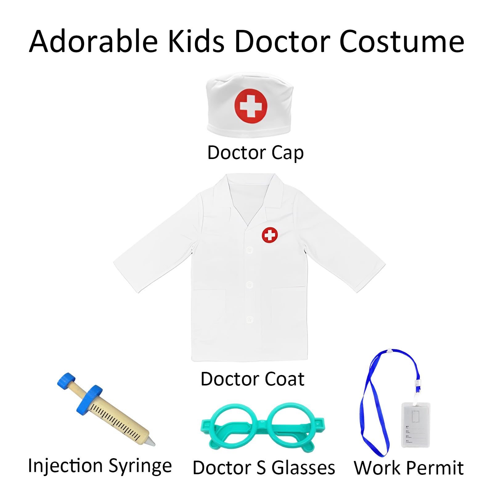 FunnAura Kids Doctors Outfit Set, Doctor Costume Hat Glasses Work ID Card Wooden Syringe Toys for Role Play up 3 Year Old Children - Image 3