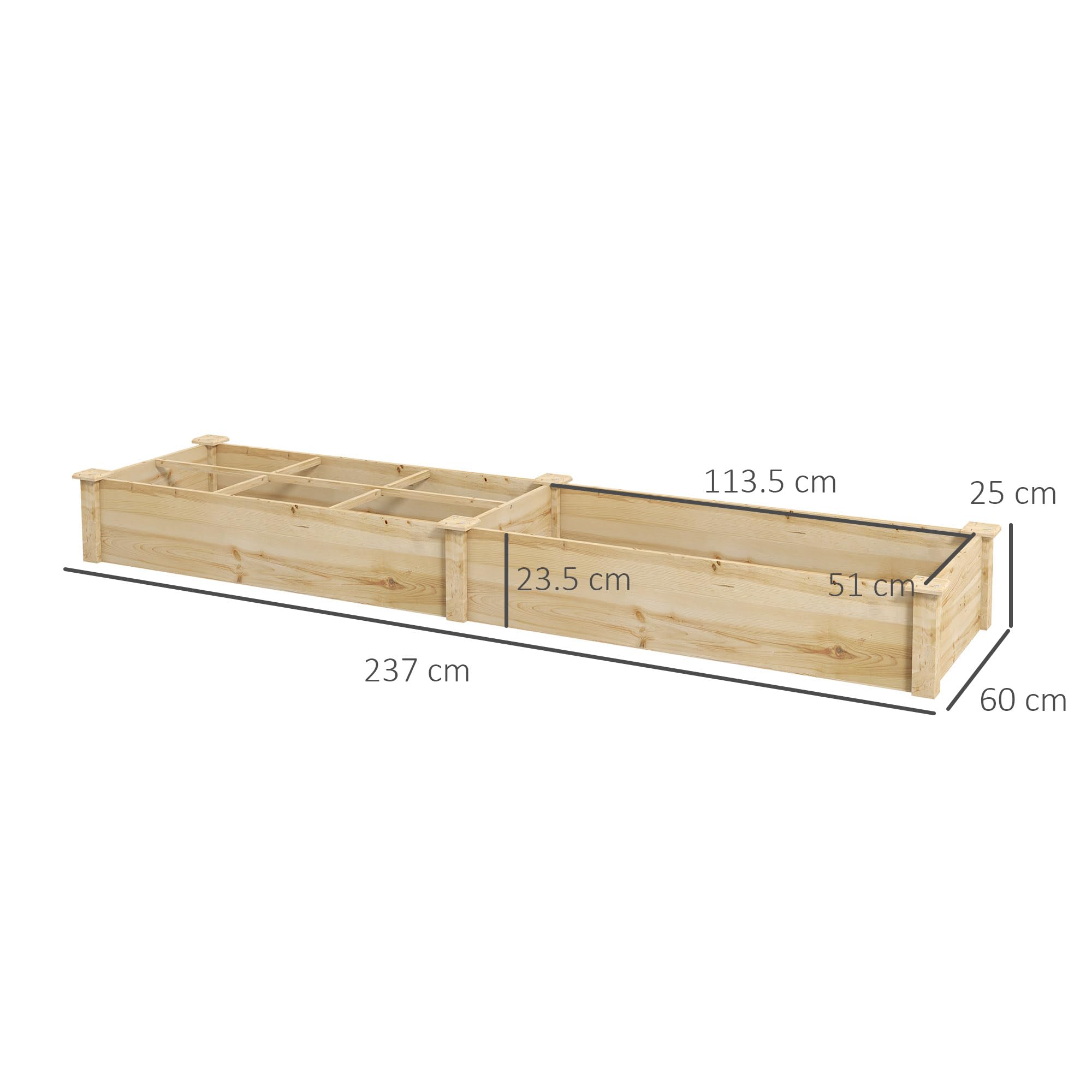 Outsunny Letto Rialzato per Orto e Giardino, Cassone per Orto con Divisorio Interno e Fondo Aperto, 237x60x25cm, Legno Naturale
