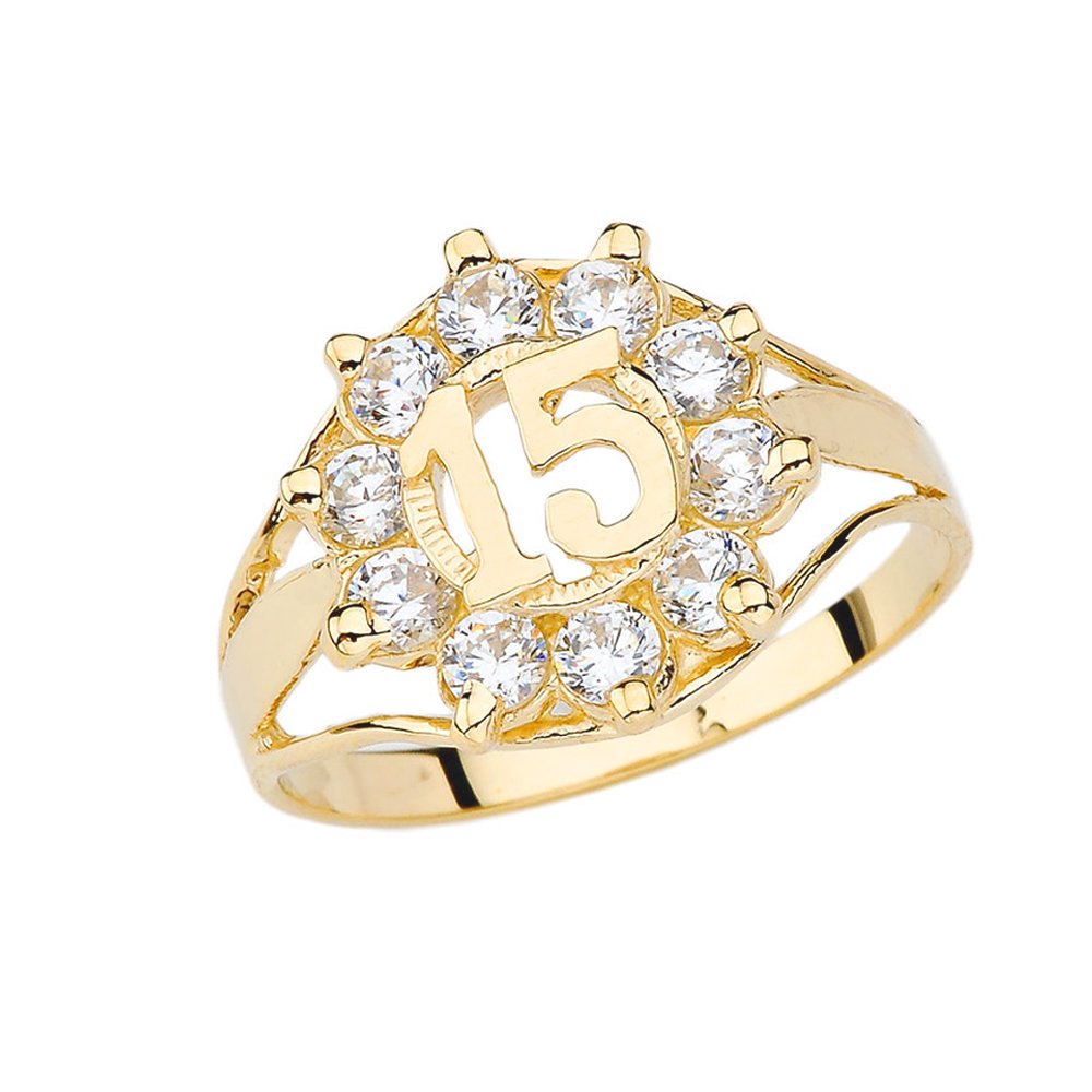 Elegant 14k Yellow Gold CZ Quinceanera Ring