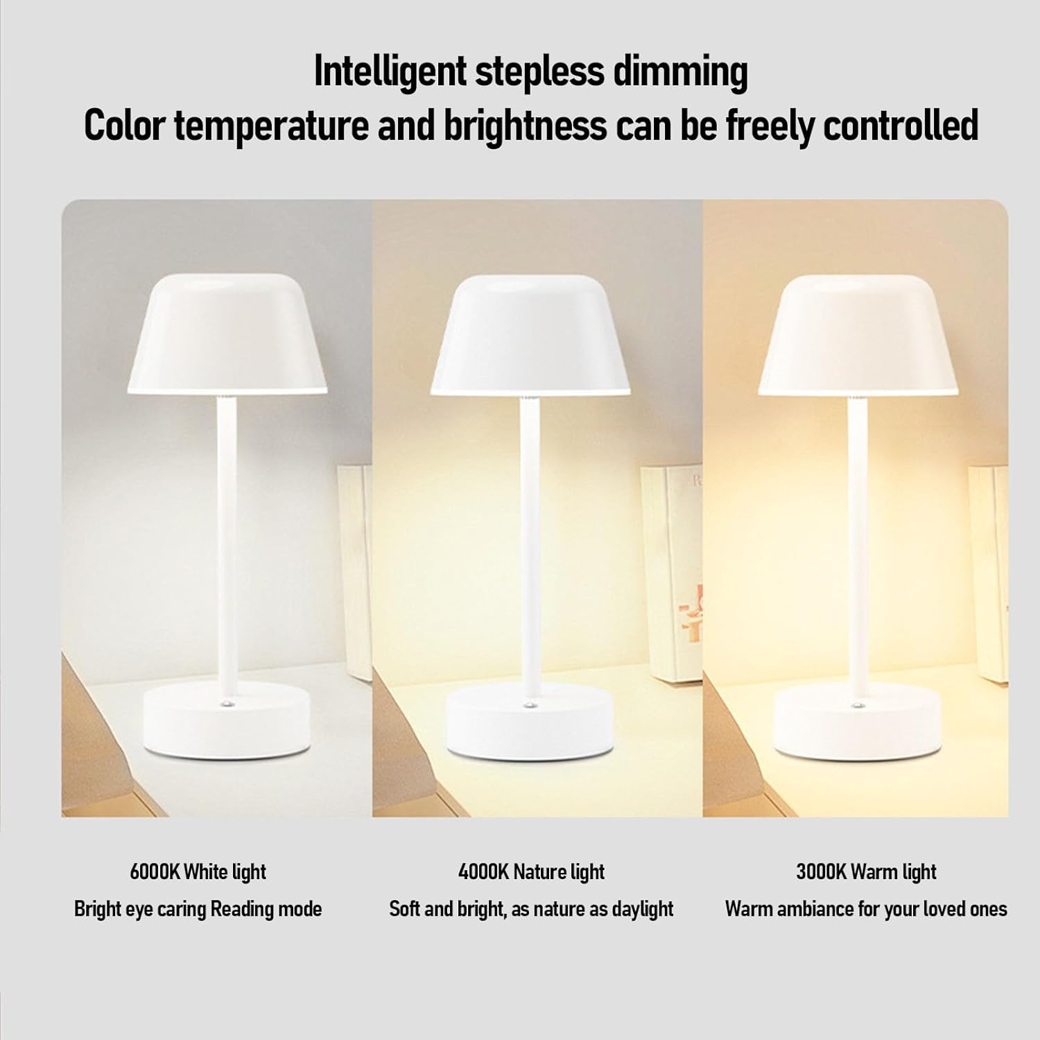 Luqeeg Cordless LED Table Lamp showing different light temperatures