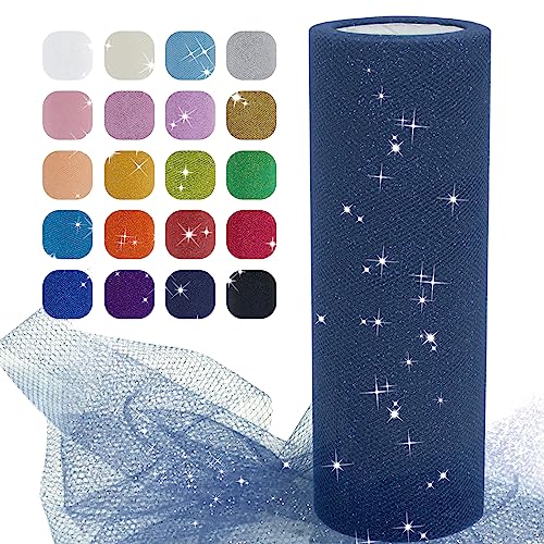 Uiopa Tul Azul Marino, 15cm x 22,8m Rollo de Tela Tul Brillante, Cinta de Malla para Falda Tutú, Decoración Fiesta, DIY Falda Mesa, Envolver Regalos, Manualidades
