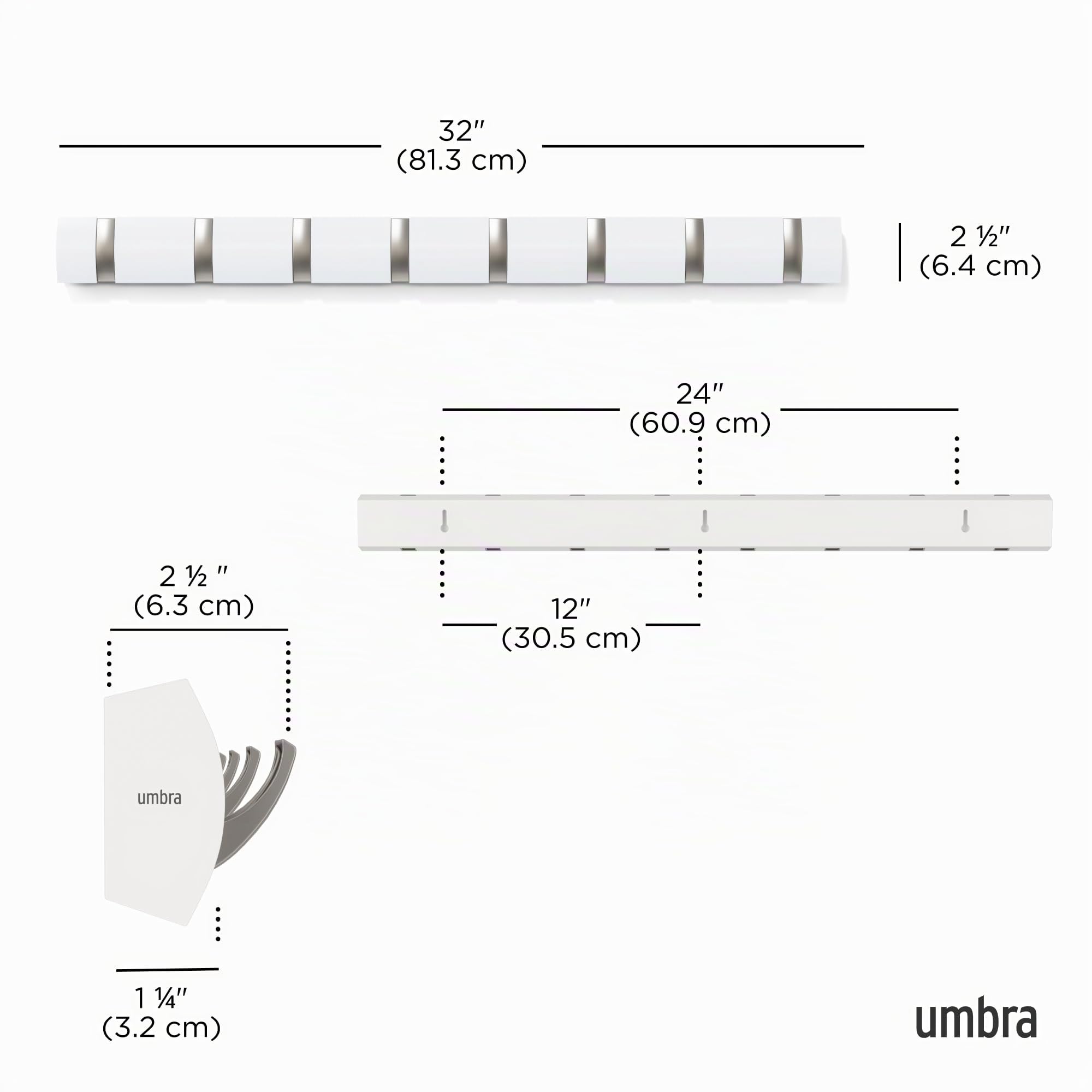 Umbra Flip Perchero de pared con 8 ganchos – Almacenamiento moderno y ahorrador de espacio para sombreros, chaquetas, bolsos, entrada, cuarto de servicio, armario, baño, dormitorio – Blanco/Níquel