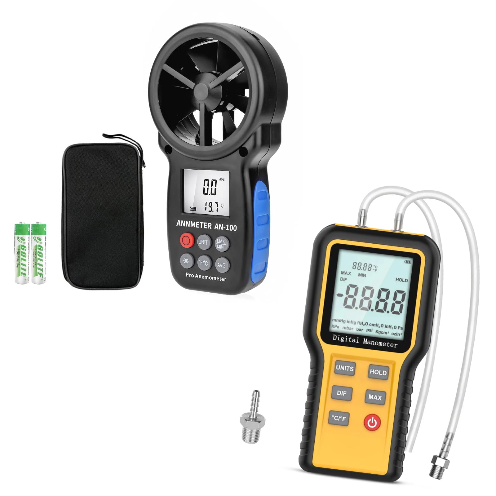 AIOMEST Digital Anemometer und Differenzdruckmessgeräte, Windmesser Windmessgerät Handheld, Digitales Manometer mit 12 wählbaren Einheiten (±20,68 kPa / ±2,999 psi), für HVAC, Lüftung