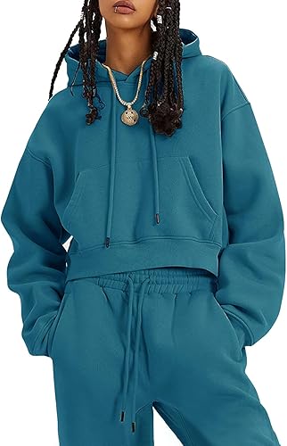 Flygo Womens Fleece 2 Piece Outfits Sweatsuit Crop Pullover Sweatshirt Joggers Pants Tracksuit Set