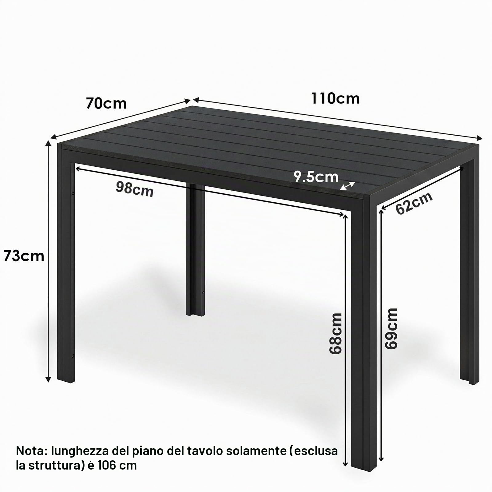 LIFERUN Tavolo da Giardino 110x70 cm, Tavolo da Terrazzo in WPC per 4-6 Persone, Tavolo da Balcone Resistente alle Intemperie con Telaio in Alluminio, Design Effetto Legno,Nero
