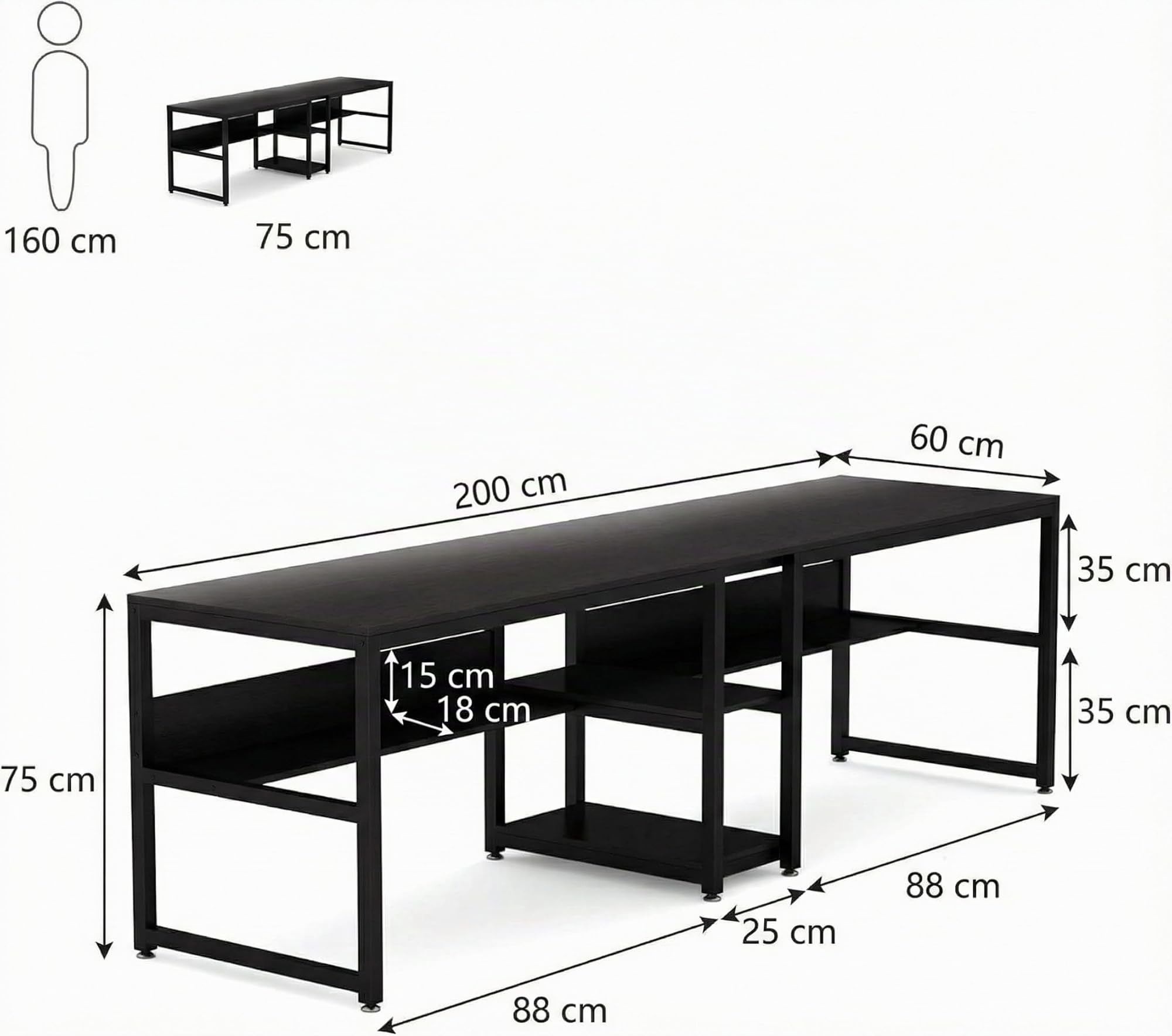 Lailang 200cm Bureau Informatique, Table avec Rangement, Meuble de Rangement Bureau, Bureau 2 Personnes, Grand Bureau Gaming, 200 x 60 x 75 cm, Noir