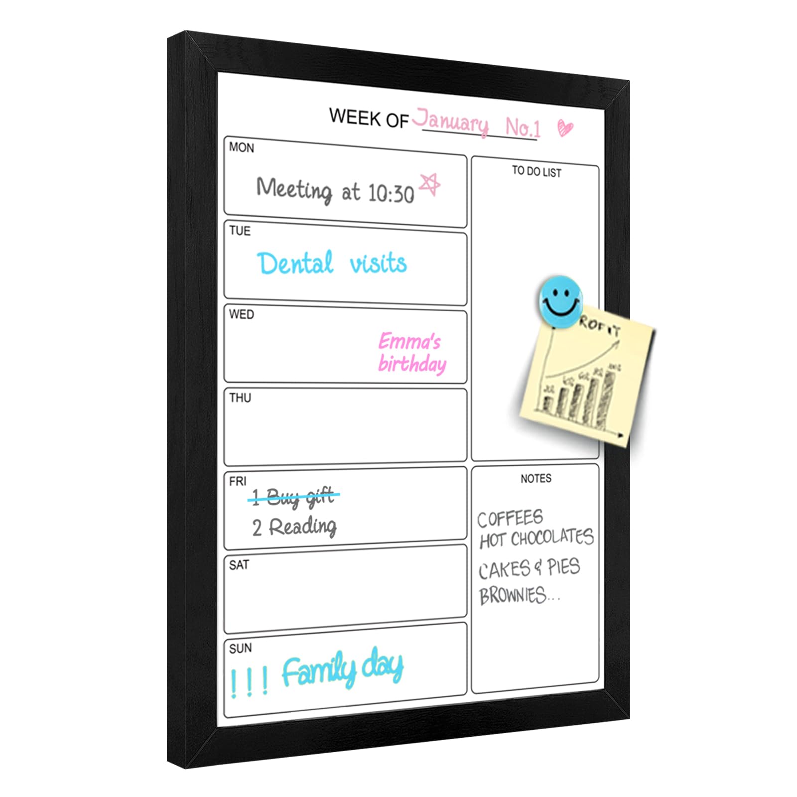 Aitakatta Weekly Dry Erase Whiteboard Calendar, 15.7"x11.8" Magnetic Surface Memo Board, Minimal Design Weekly Planner for Wall, Black Wood Frame Dry