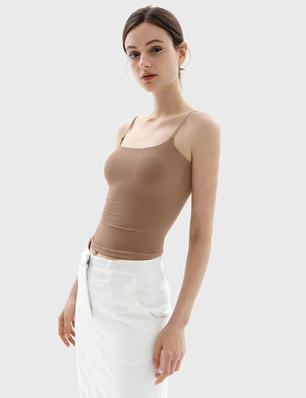 PUMIEY Tank Top for Women Square Neck Spaghetti Straps Camisole Sleeveless Basic Summer Tops, Taffy Medium image 2