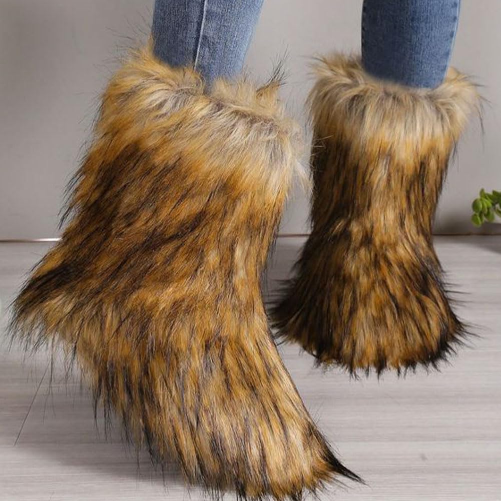 CELNEPHO Women's Faux fur Boot Furry Fluffy Comfortable Mid-Calf Boots Round Toe Warm Fur Lined Snow Boots Y2K Outdoor Rave Outdoor Fashion Boots