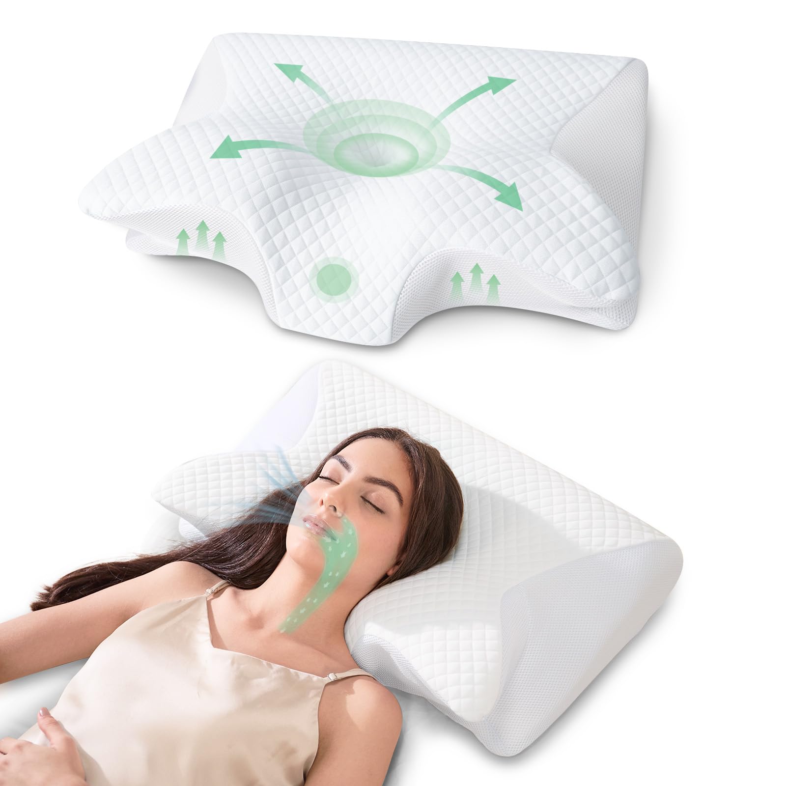 Nackenkissen 2 in 1 Memory Foam Kissen 60x40x12/14cm Weiß | Ergonomisches Nackenstützkissen für Rücken-, Seiten- und Bauchschläfer, Waschbarer und Abnehmbarer Kissenbezug