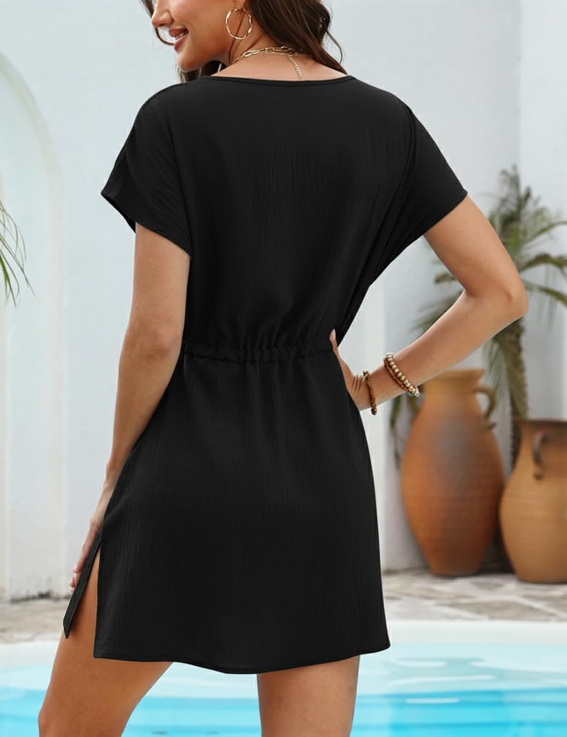 CiCiBird Womens Swimsuit Coverup Lace Crochet V Neck Cover Up Short Sleeve Beach Dress for Swimwear
