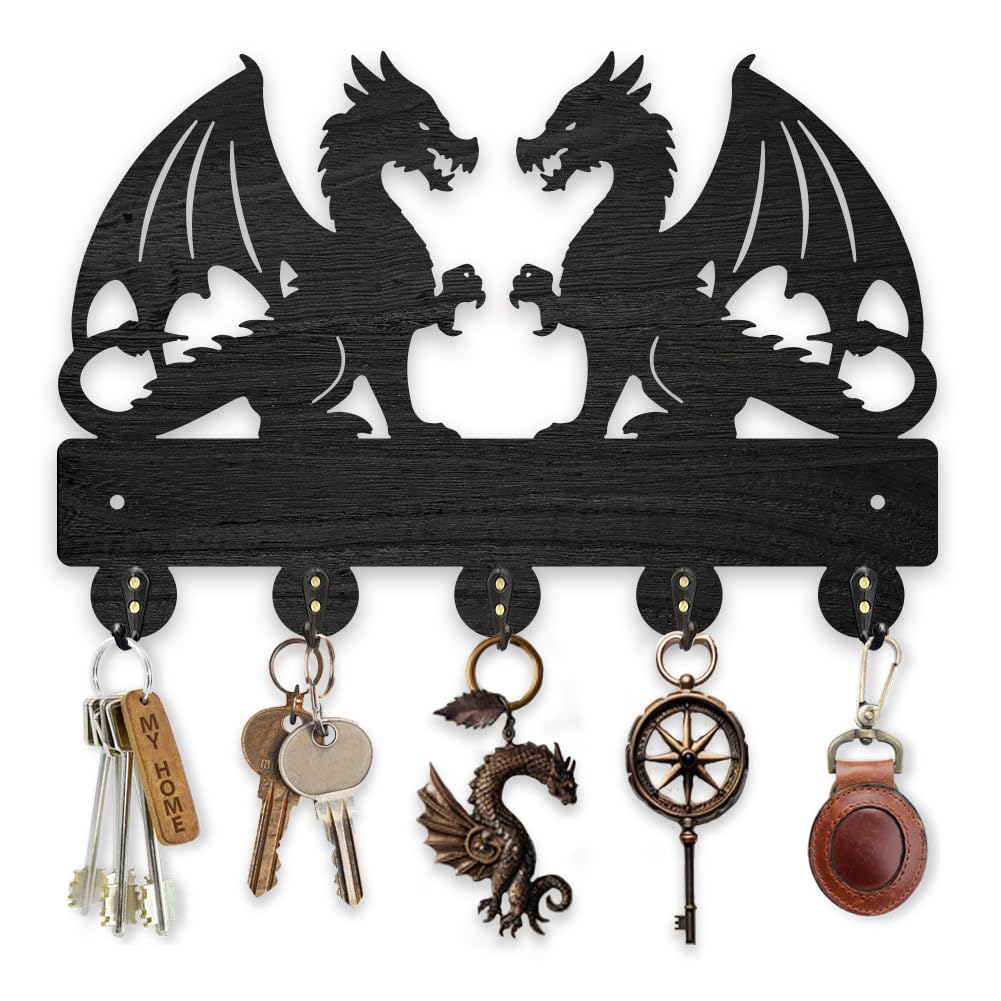 MAYJOYDIY Dragon Coat Rack Wall Mount Wood Double Dragon Animal Key Holder for Wall 11.8×7.9inch Decorative Wall Hooks 5 Alloy Hooks Black Wall Hanger for Gifts Entryway Hallway Room Decor