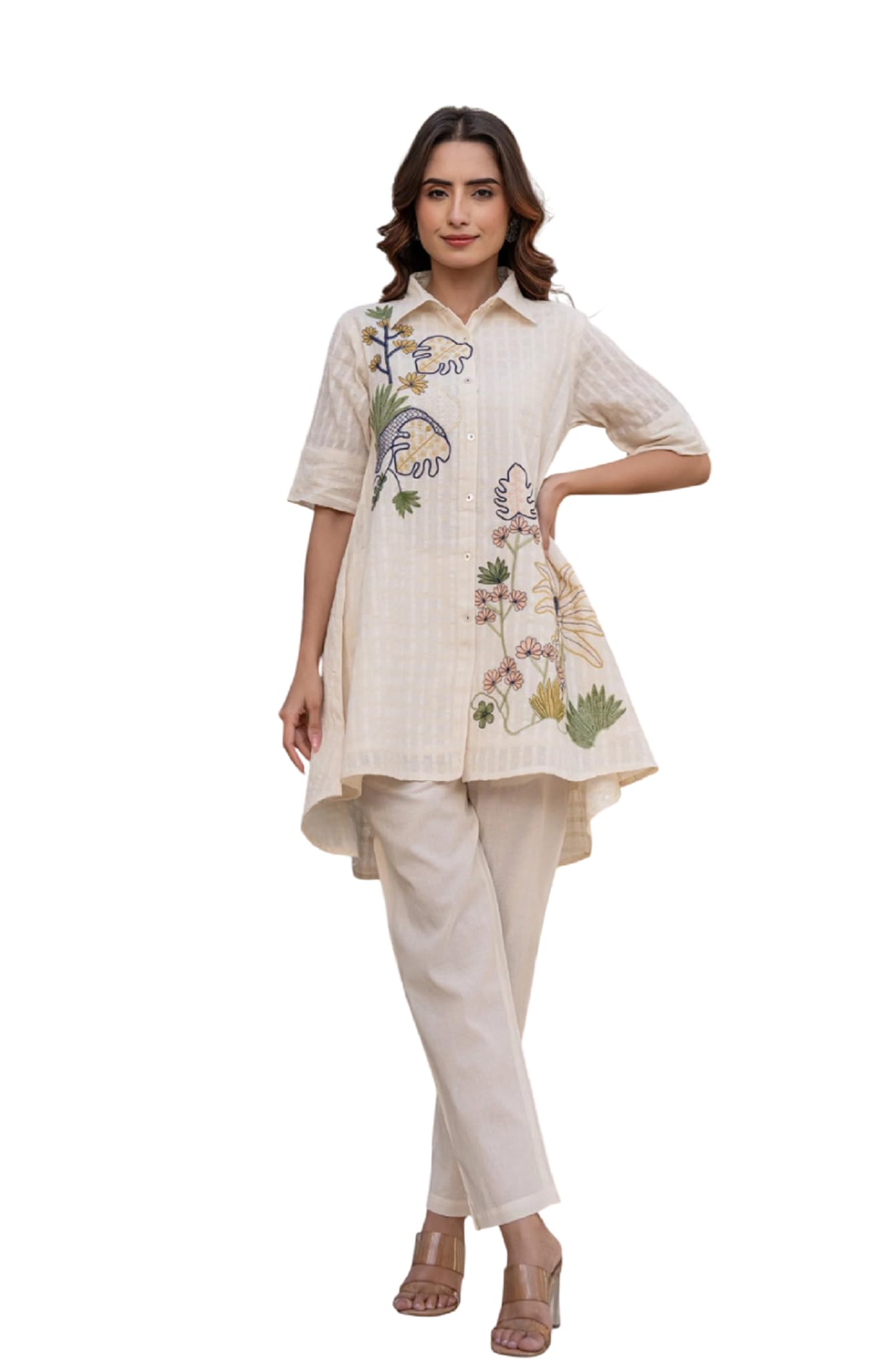 Bonkers Corner Kurta Set for Women | Stylish Cotton Embroidered Kurti Pant Set | Indo-Western Casual & Festive Co-ord Set for Women (K-210-211) in neutral