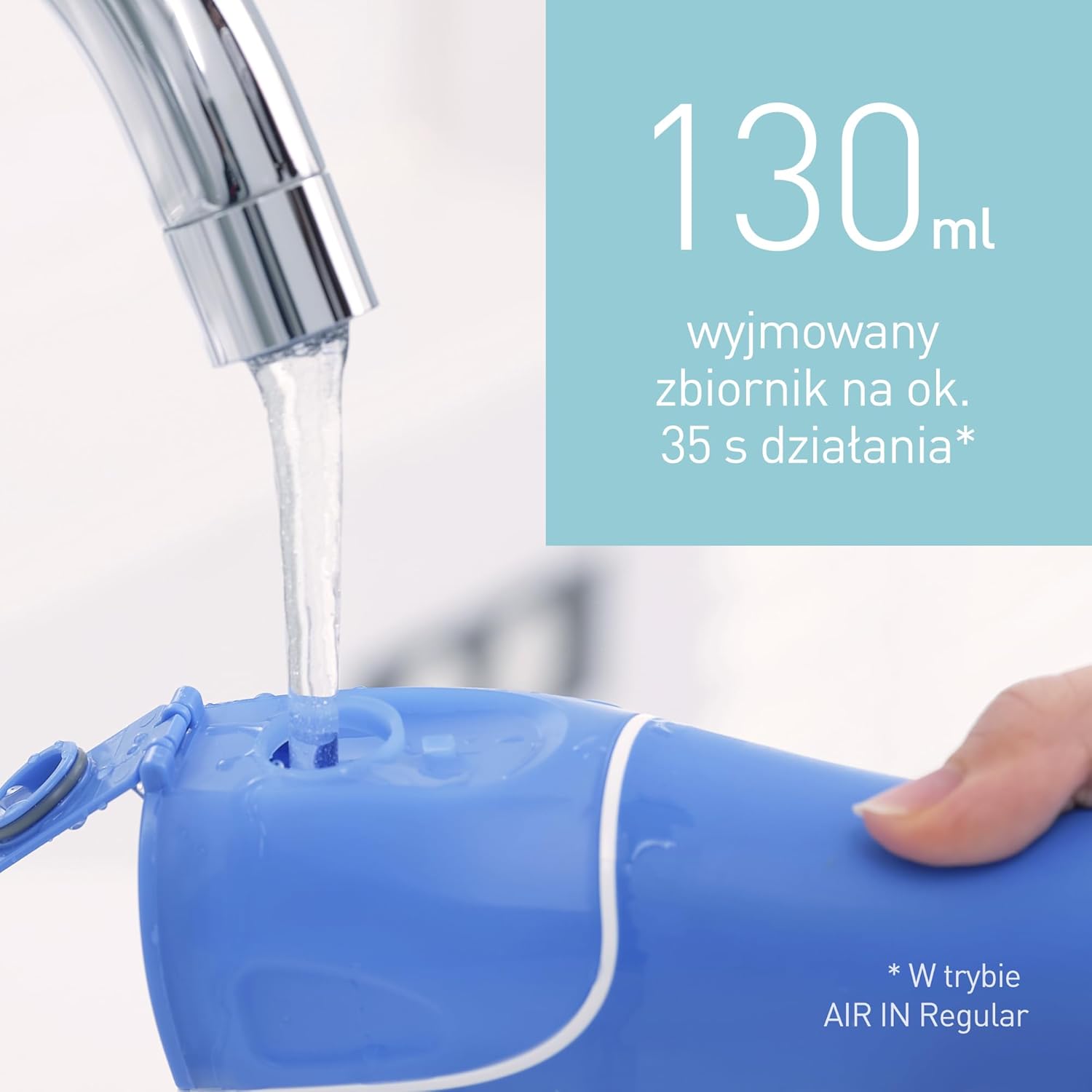 Hand filling the 130ml water tank of the Panasonic Dentacare EW1211W oral irrigator under a faucet.