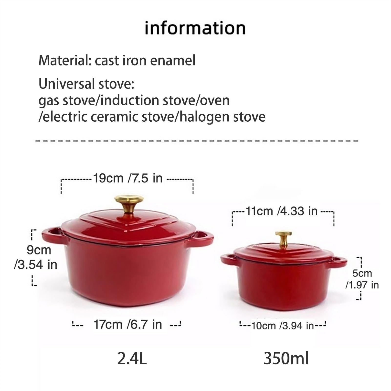 Cacerola de hierro fundido para horno holandés con tapa, antiadherente, asas dobles, apta para estufas de gas e inducción, diseño en forma de corazón, tamaño de 22 cm