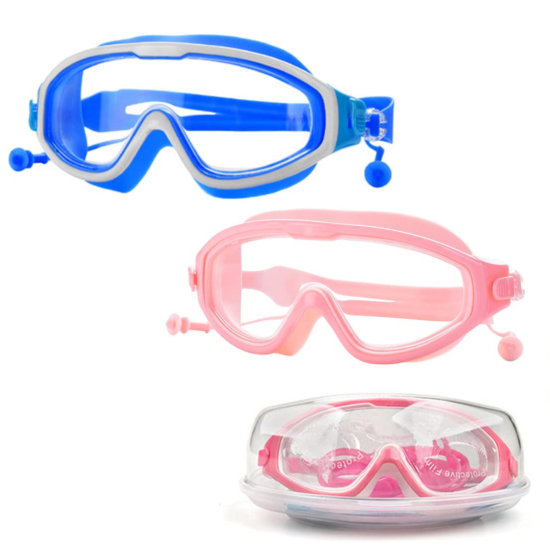 Amacoam 2 Piezas Gafas Buceo Niño, Gafas Natación Niño de 3 a 12 años Antivaho Gafas Natacion con Protección UV para Niñas Niños, Gafas para Niños con Correa Ajustable Rosa + Azul