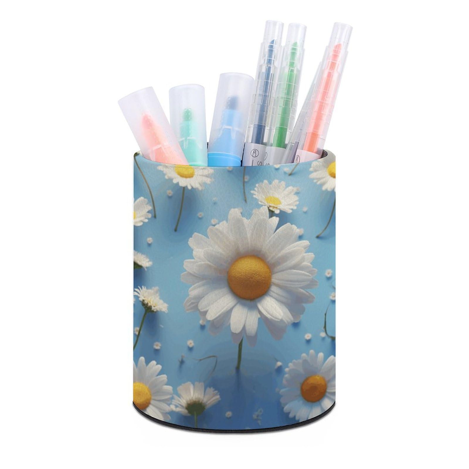 KLOPH PU Leather Pen Holder for Desk, Aesthetic Pencil Cup for Desktop, Makeup Brush Srotage for PenOrganizer Office Supplies, Cute Daisy Pen Cup Pencil Caddy for Home Art Supply