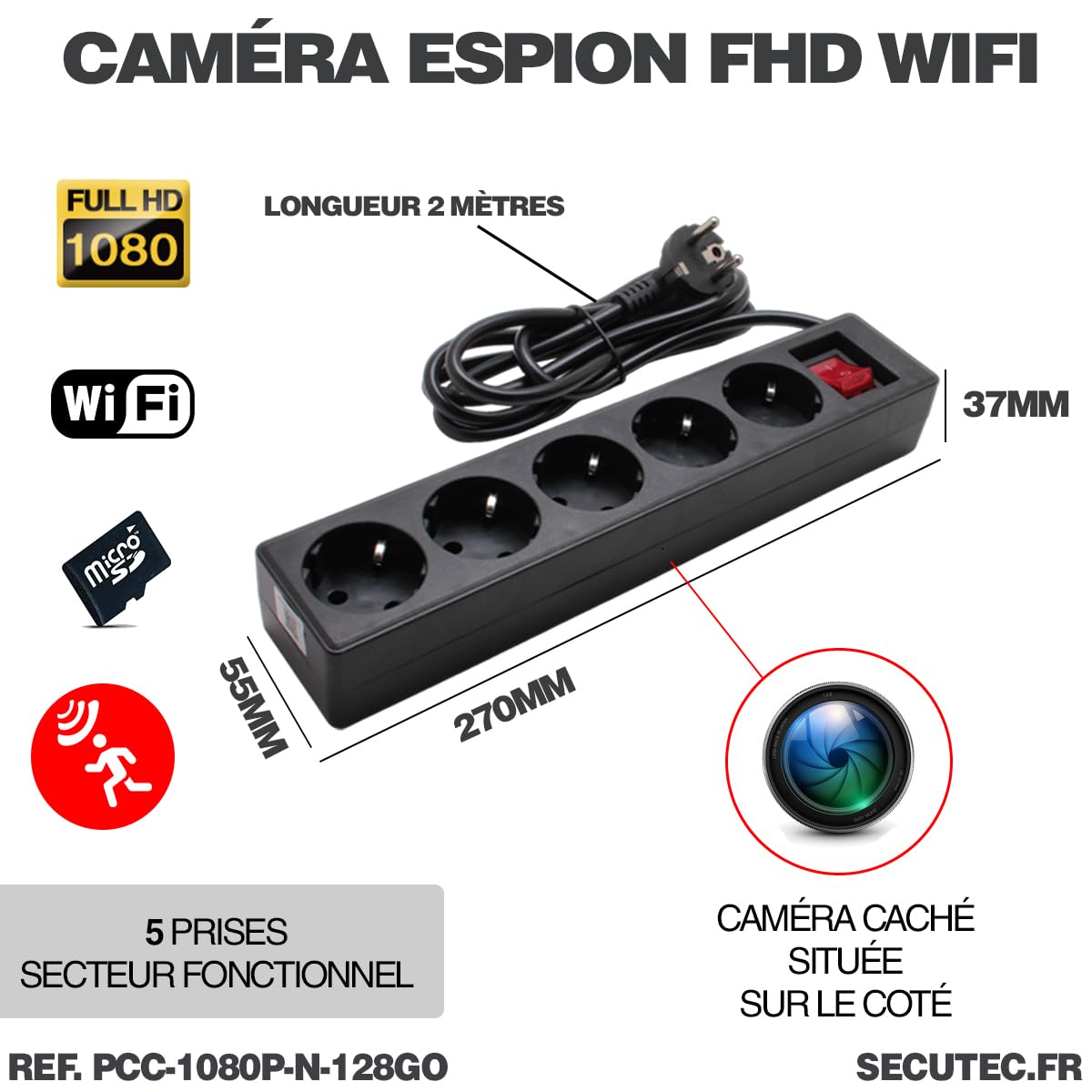 Multiprise Noire Caméra Cachée HD 1080P WiFi Vision Détection de Mouvement Écoute à Distance Mémoire 128Go Incluse