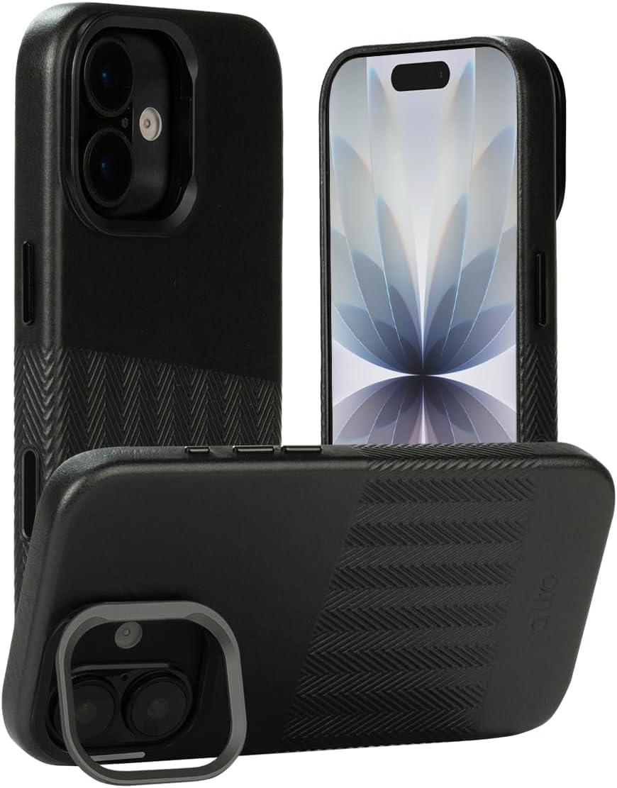 alto Embossed Italian Leather Stand Case Compatible with iPhone 17 2025, Magnetic Shockproof Kickstand Case, Herring Series (iPhone 17, 6.3 inch, Black)