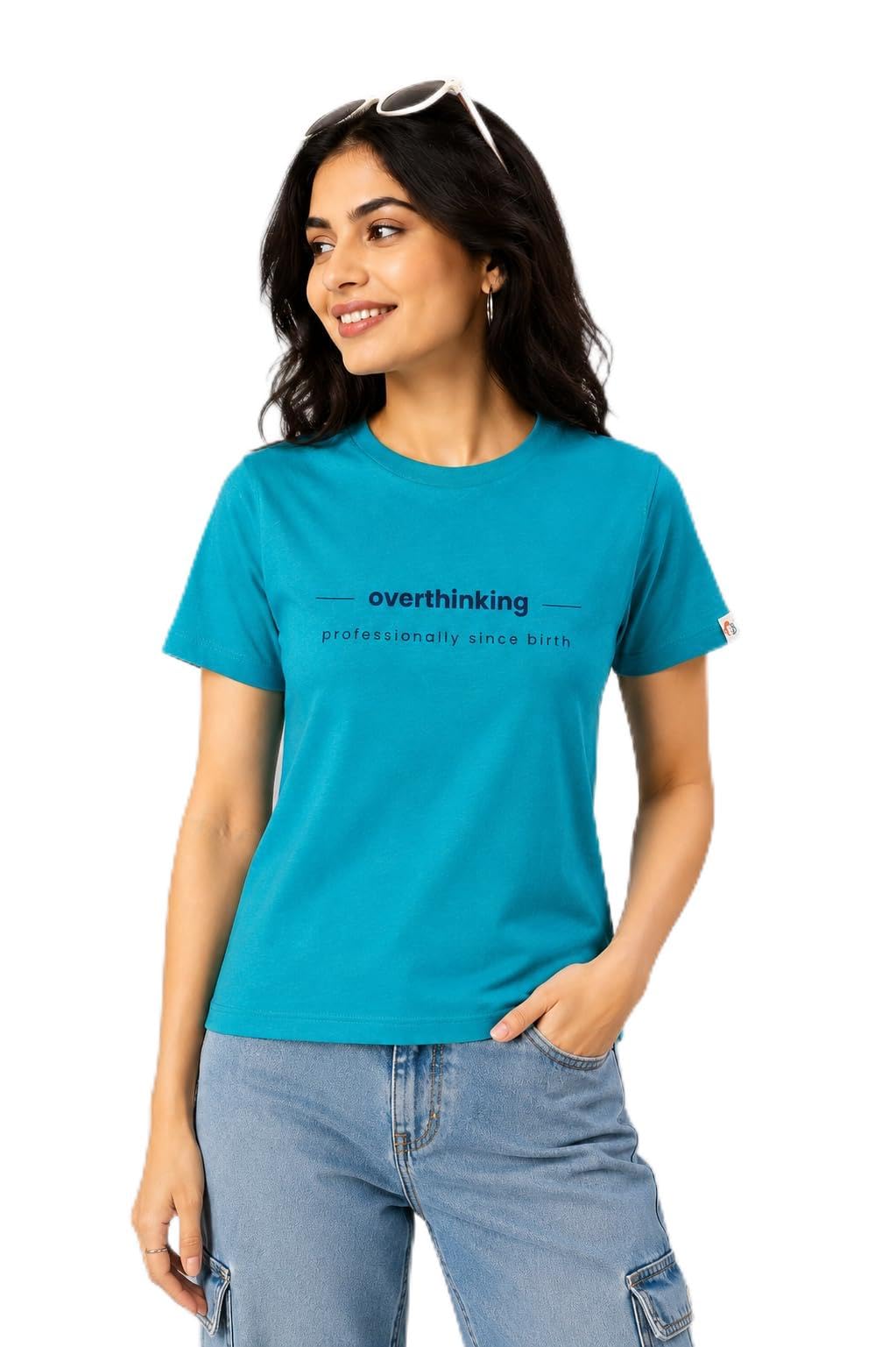 Overthinking Professionally Since Birth Graphic T-Shirt, Round Neck, Short Sleeve, Casual Wear Turquoise Melange Cotton T-Shirt for Women | Regular Fit Vibe Tee-picture-18