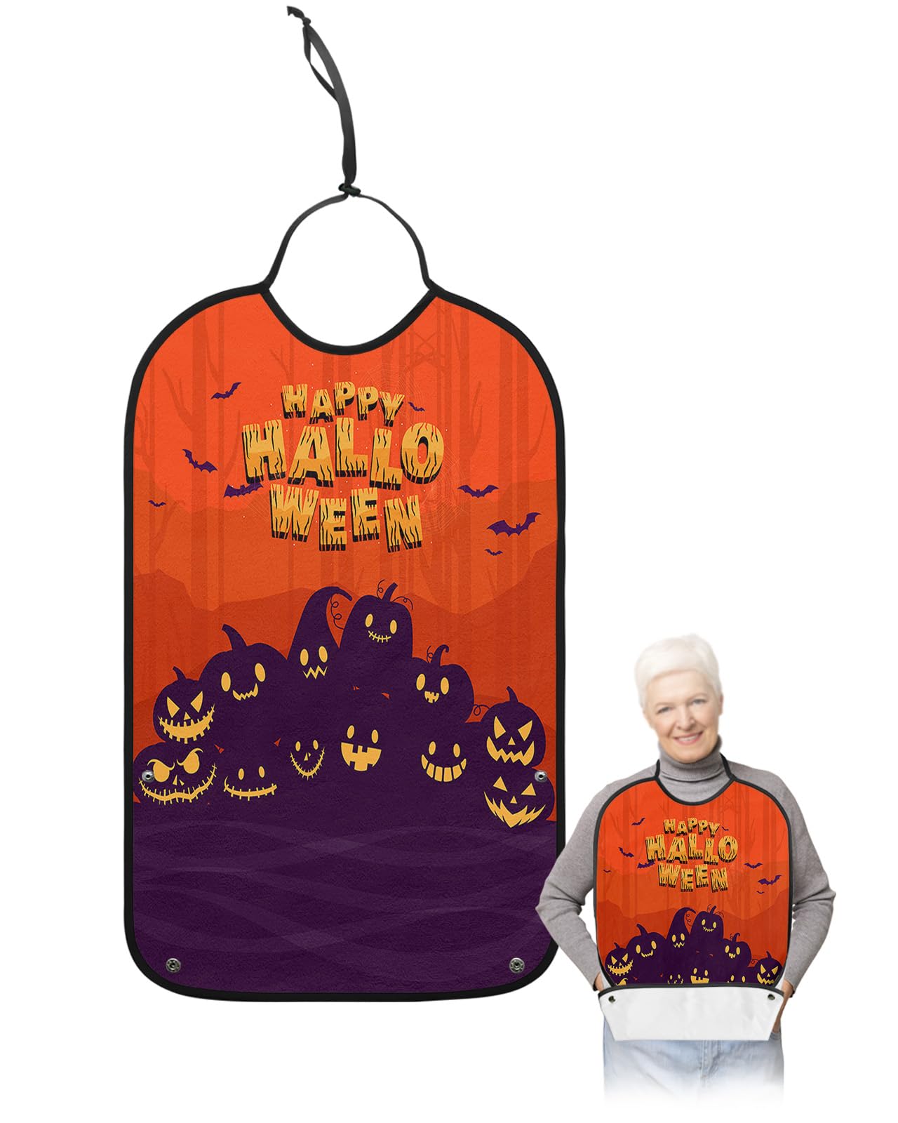 LEOKOTI Happy Halloween Adult Bibs for Eating, Waterproof Bibs with Food Catcher & Adjustable Snap Closure, Orange Pumpkin Bat Silhouette Washable Clothing Protectors Adult Bibs for Elderly Women/Men