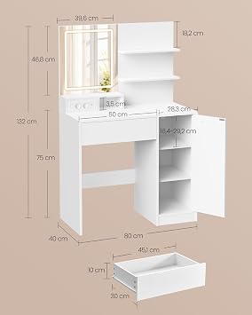 VASAGLE Dressing Table with Mirror, 1 Drawer, Cabinet