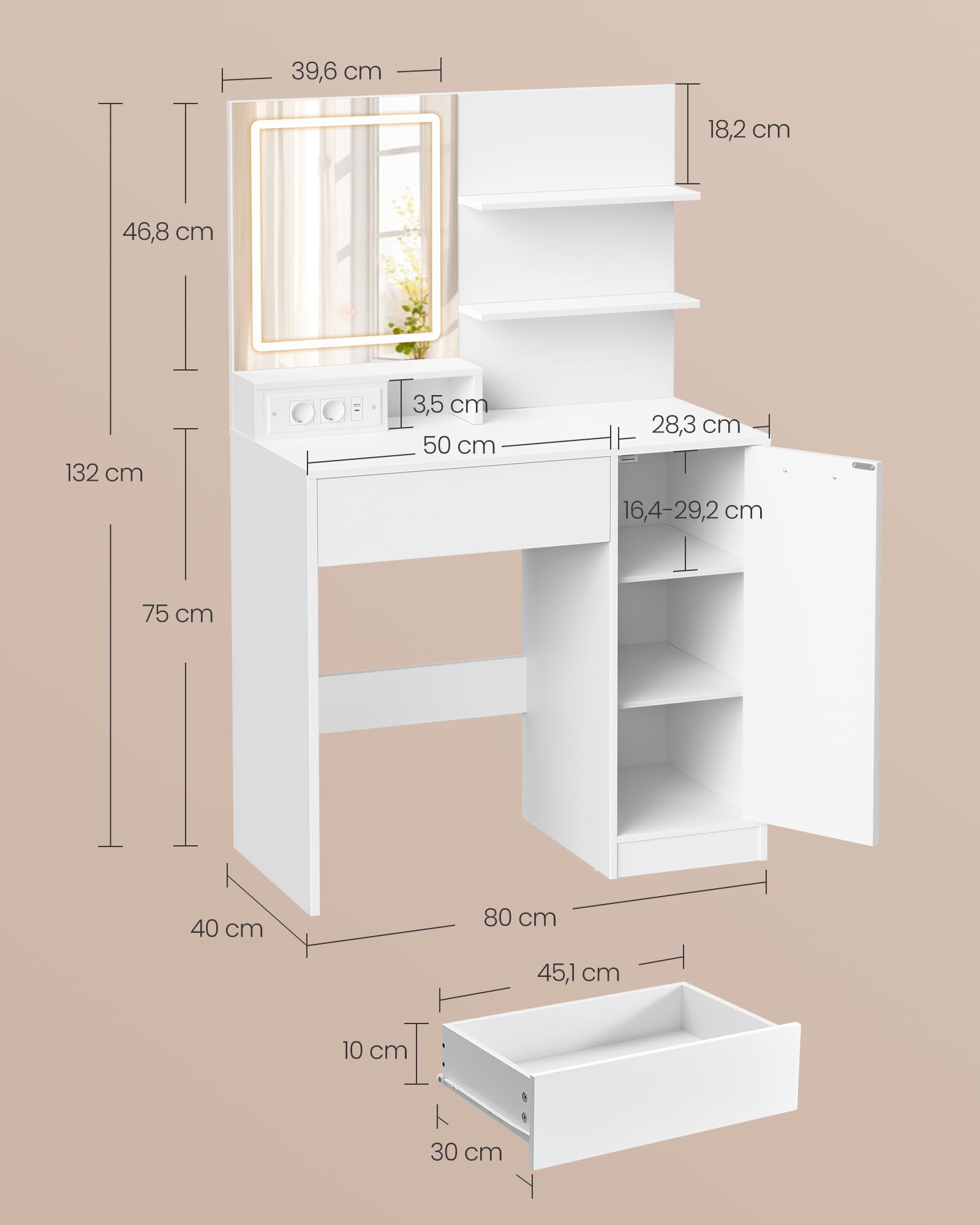 VASAGLE Kailyn Colección - Tocador con Espejo LED, con Regleta de Enchufes, Gabinete con 2 Estantes Ajustables, 1 Cajón, 2 Estantes Abiertos, Estilo Moderno, Blanco RDT138W01