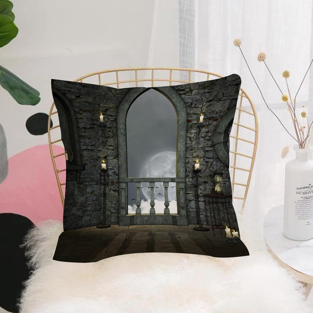 HYMSXW Cushion Cover,Throw Pillow Case Home Decorative for Living Room Bedroom Sofa Chair 20X20 Inch,Gothic decor, full moon birds fairy tale fantasy old castle balcony candlelight,Pillowcase 50X50cm