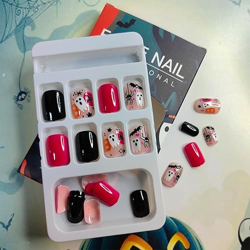 Miniatura 3 de 24 uñas postizas cuadradas cortas de Halloween, con pegamento, diseño de araña, estrella, murciélago, acrílico, cobertura completa, color negro,