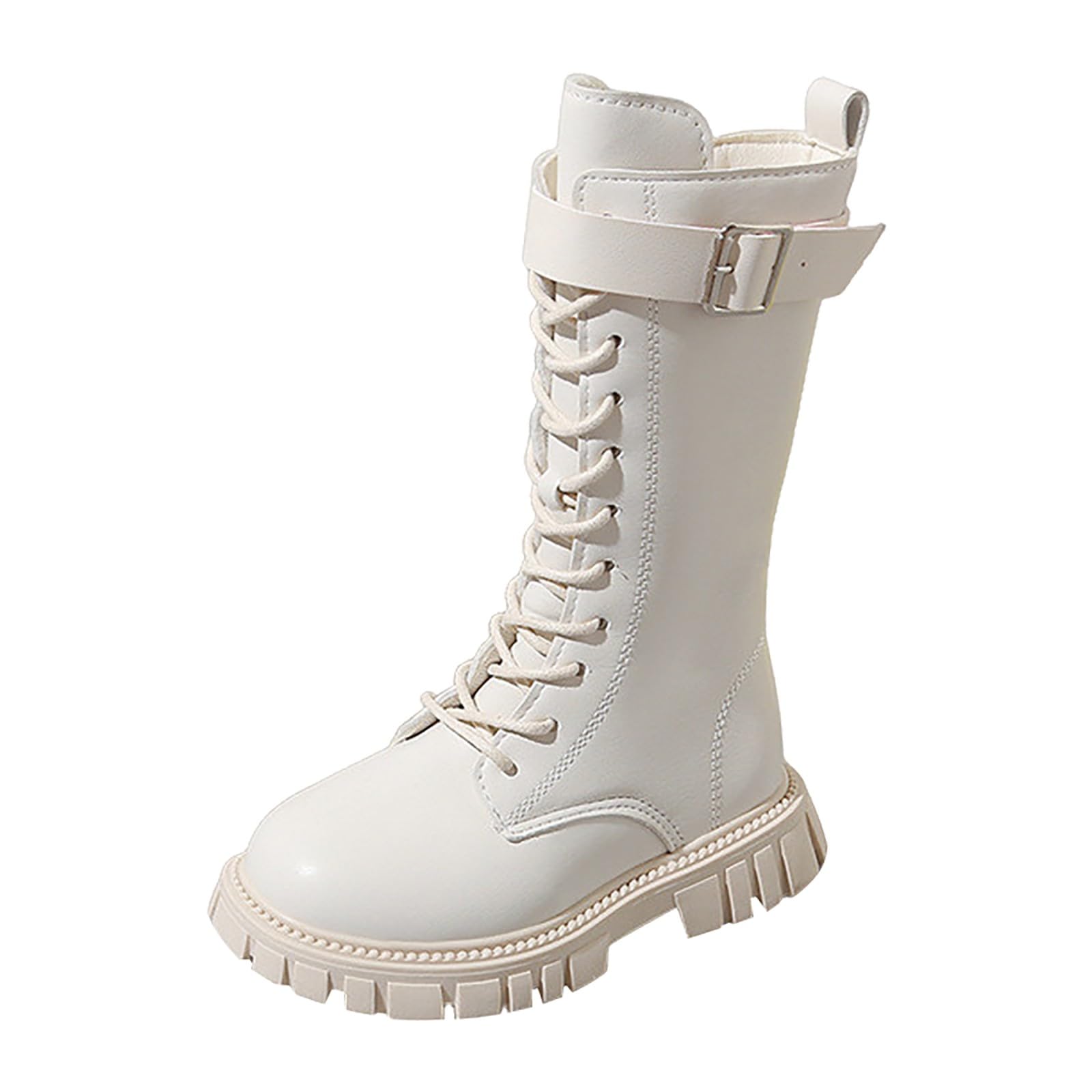 Girls Lace Up Riding Boots Mid Calf Combat Boots Fashion Waterproof PU Leather Side Zipper Punk Goth Boot 4-12.5 Years