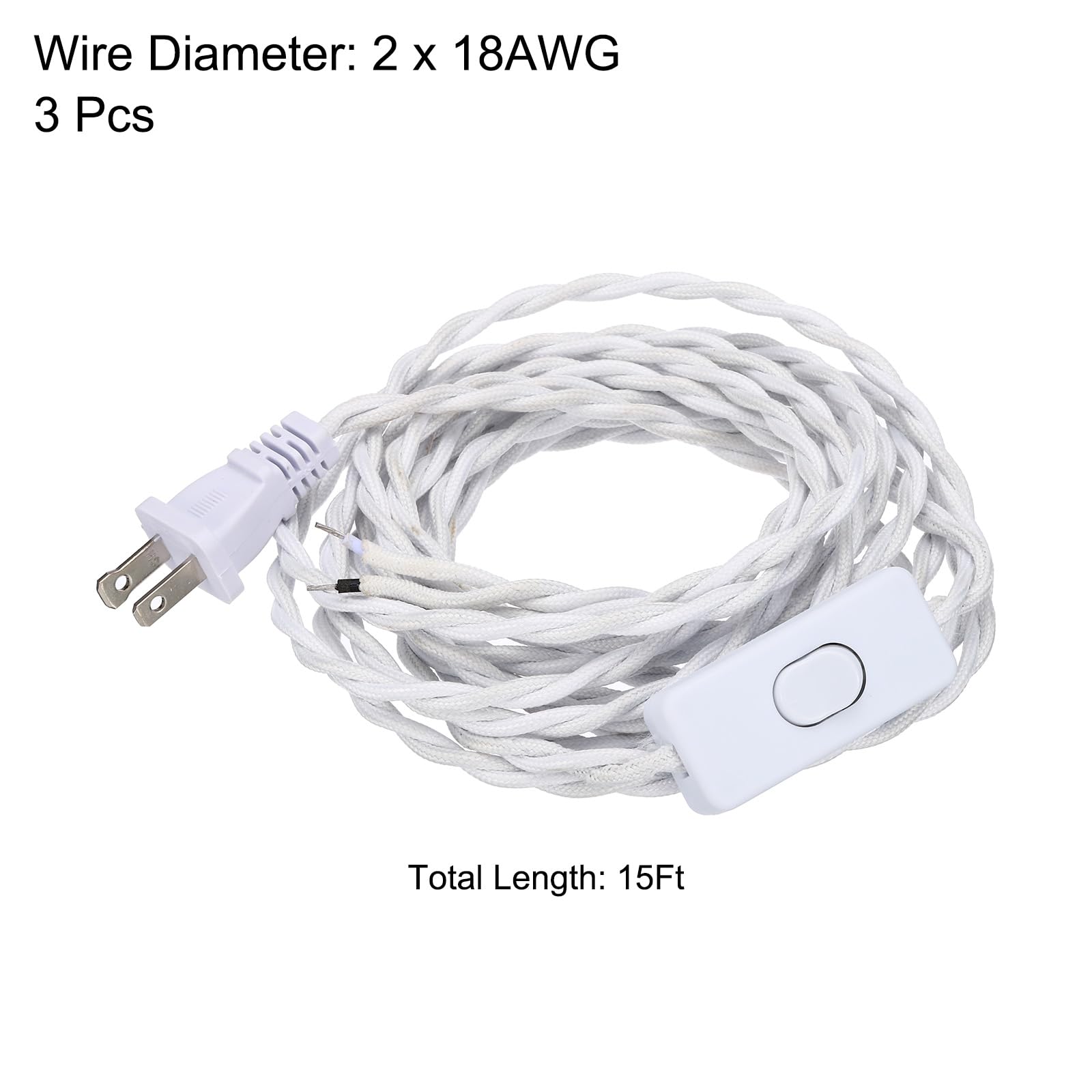 uxcell 15Ft 18/2 Cloth Covered Lamp Cord with Plug, 3 Pcs Vintage Electrical Lamp Cord with Stripped Ends for Extension Wiring DIY Repairing, White