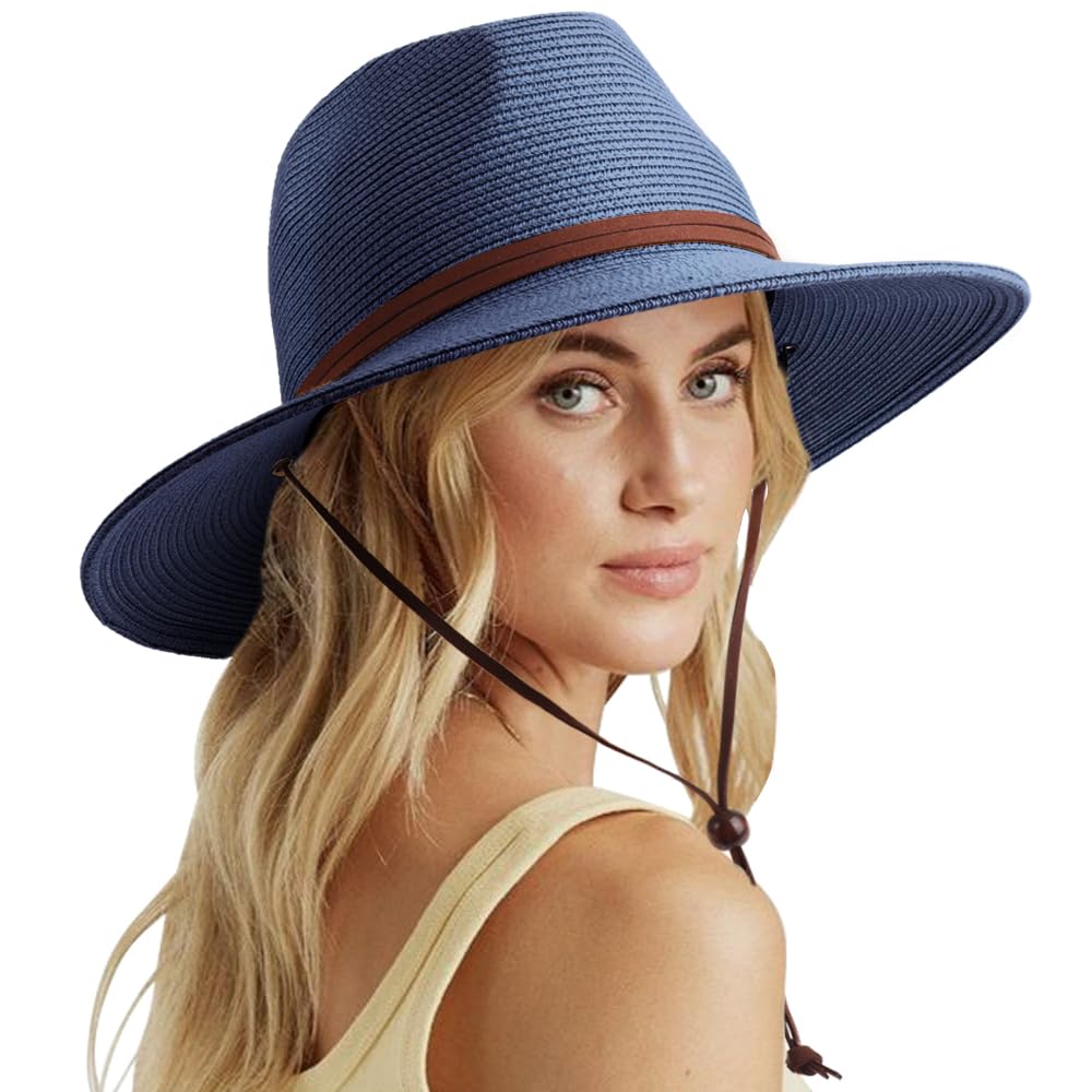 DRESHOW Women Straw Panama Hat Fedora Adjustable Summer Wide Brim Beach Sun Hat with Wind Lanyard UPF 50+