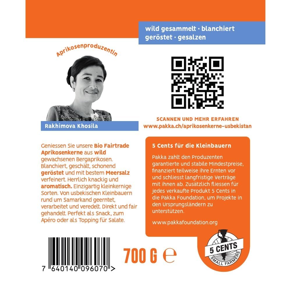 PAKKA Mandorle di Albicocca Premium Bio Fairtrade Tostate e Salate 700 g – Deamarizzate, Vegan, Origine Uzbekistan, Confezionate dal Produttore