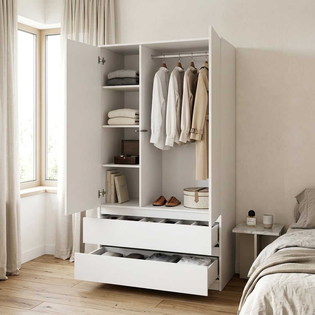 meble masztalerz Armoire Chambre avec 2 Tiroirs Largeur 90 cm - Penderie Vetement Dressing - Dressing Chambre Adulte - Meuble de Rangement Chambre - Blanc - 180x90x50 cm