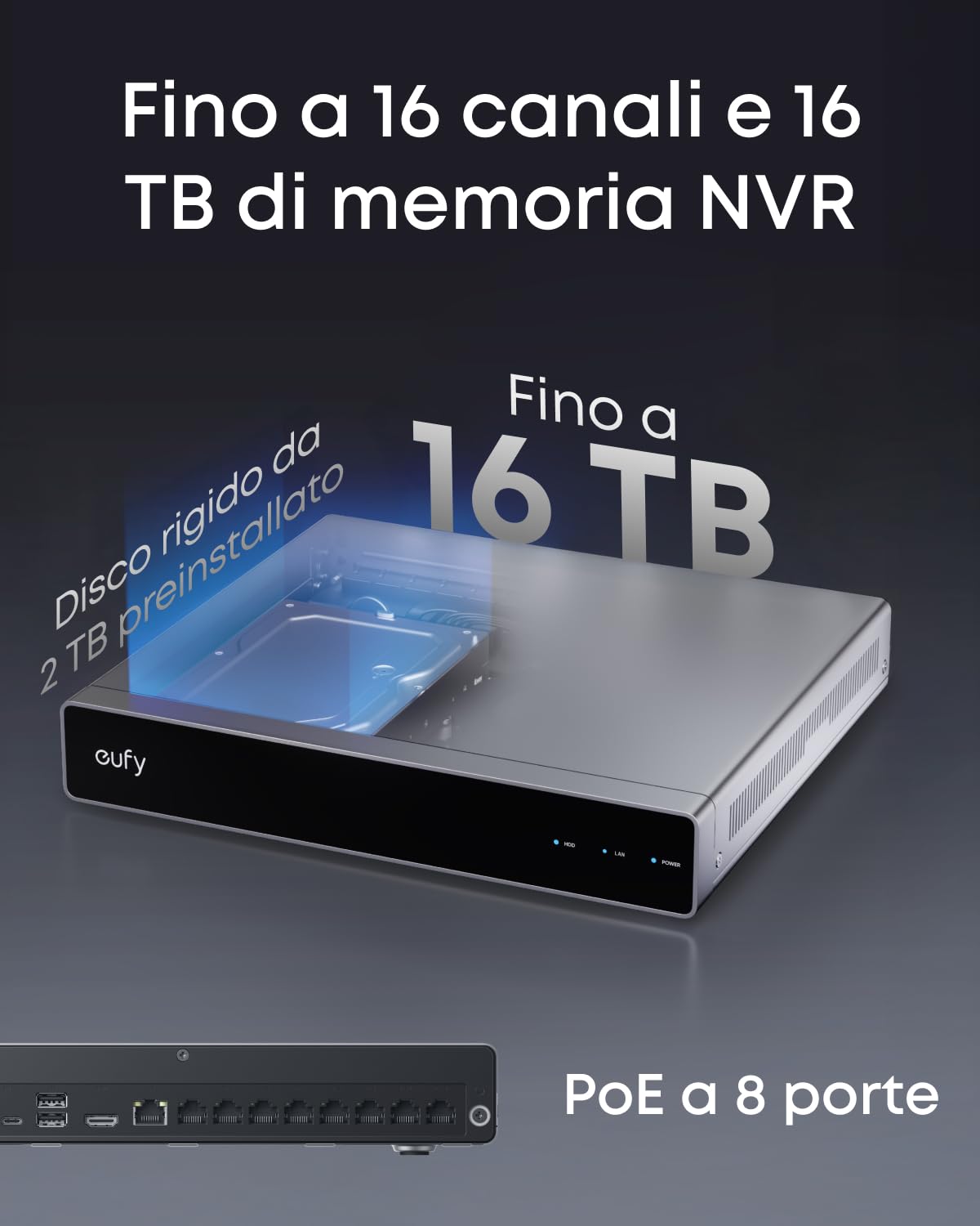 Sistema NVR PoE eufy E40, 4 Telecamere 4K, Telecamera Esterna, 4K UHD, Campo Visivo 122°, Visione Notturna a Colori, Reg. 24/7, rilevamento AI, Strobo Rosso e Blu, NVR 8 canali, HD 2 TB preinstallato