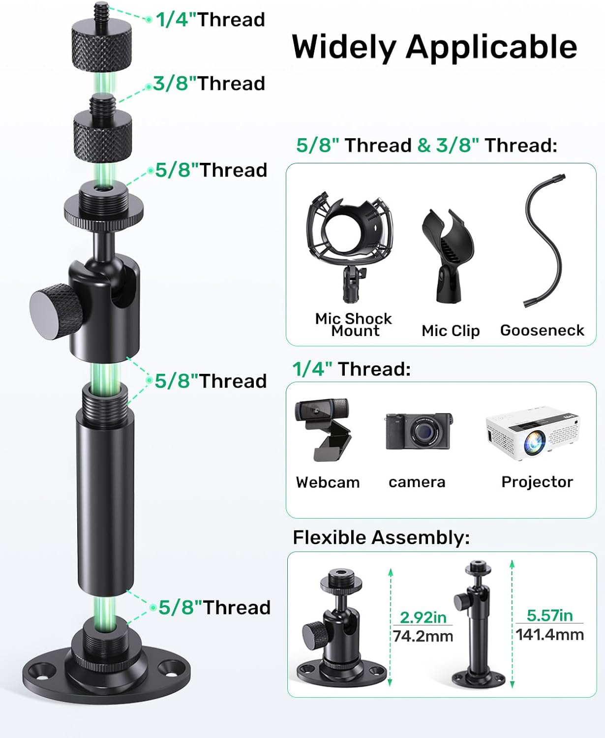 Microphone Wall Mount Bracket with Ball Head, 360° Swivel Mic Mount with 5/8"-27, 1/4" & 3/8" Screw Adapters, Flange & Ceiling Mount for Mics, Webcams and Lights, Ideal for Studio, Podcasting, Church