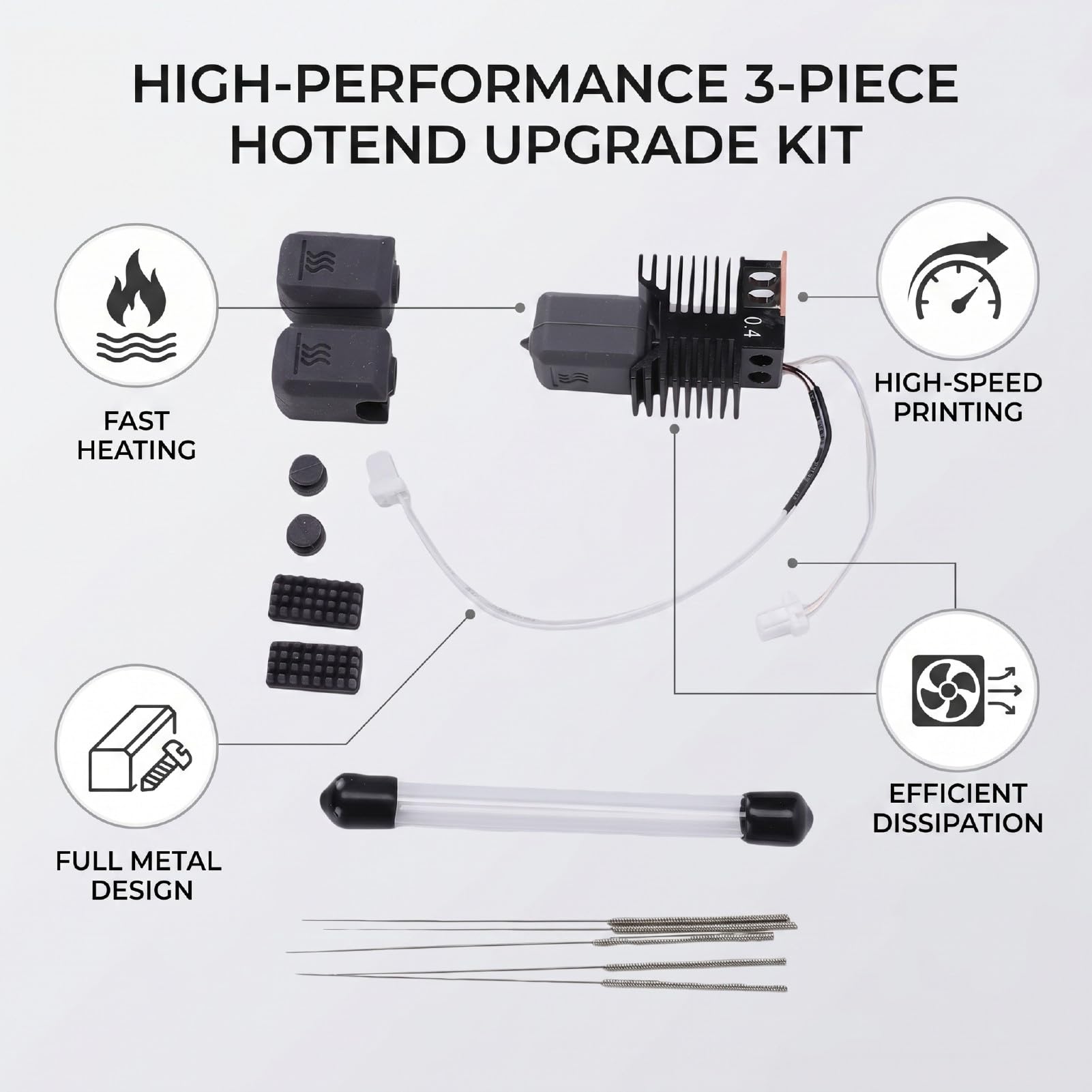 3-teiliges Hotend-Kit, Hot-End-Druckkopf, Schnelle Extrusion, 24 V, 48 W, Ganzmetall, 0,2 Mm, 0,4 Mm, 0,6, Keramik-Heizblock mit Reinigungsnadeln, Silikonsocken für U1