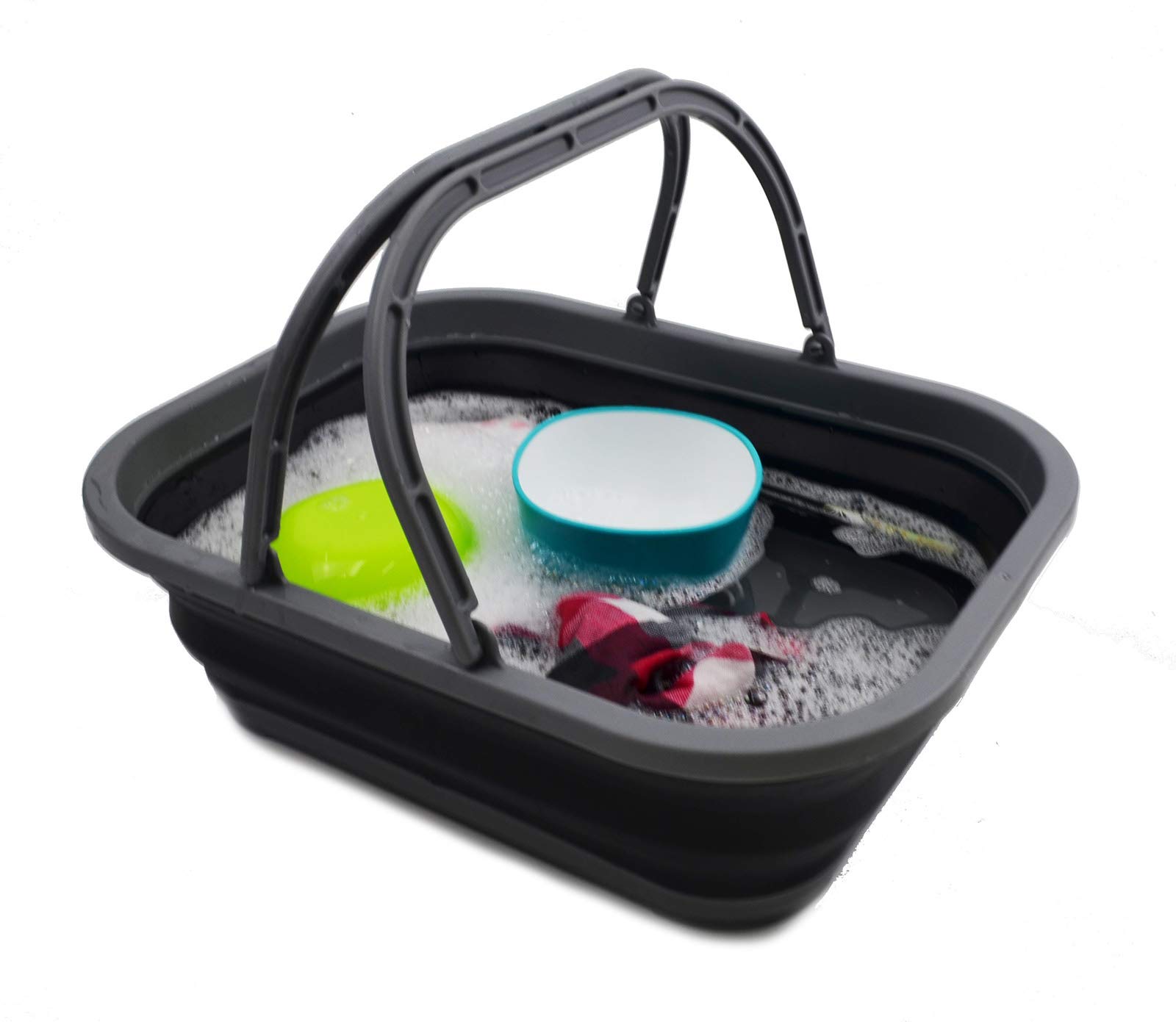 SAMMART 12 Litri Vasca pieghevole con maniglia, cestino portatile da picnic all'aperto/cratere - Borsa pieghevole - Contenitore salvaspazio (1, grigio/nero)
