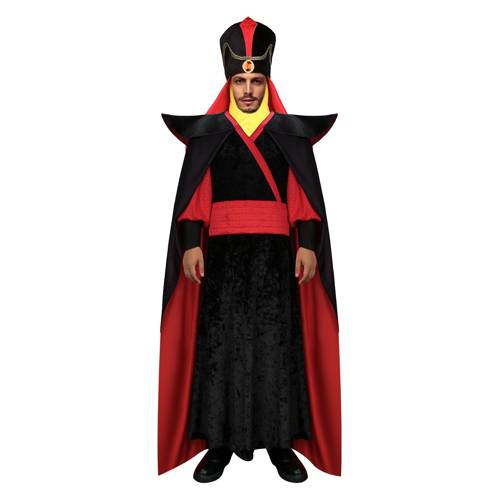 Adult Jafar Costume Arabian Villain Robe Cloak Cape Hat Outfit Halloween Character Role Play Fancy Dress Up