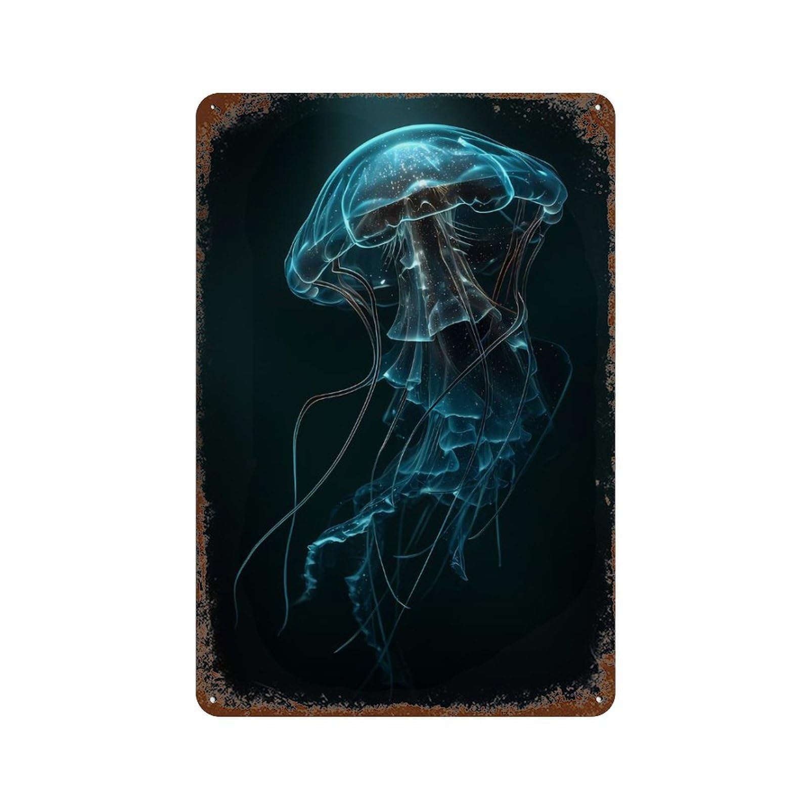 Glowing Jellyfish in Dark Water Vintage Rust Metal Sign 11.8"x7.9", Ideal for Bistro, Counter And Cafe Decor