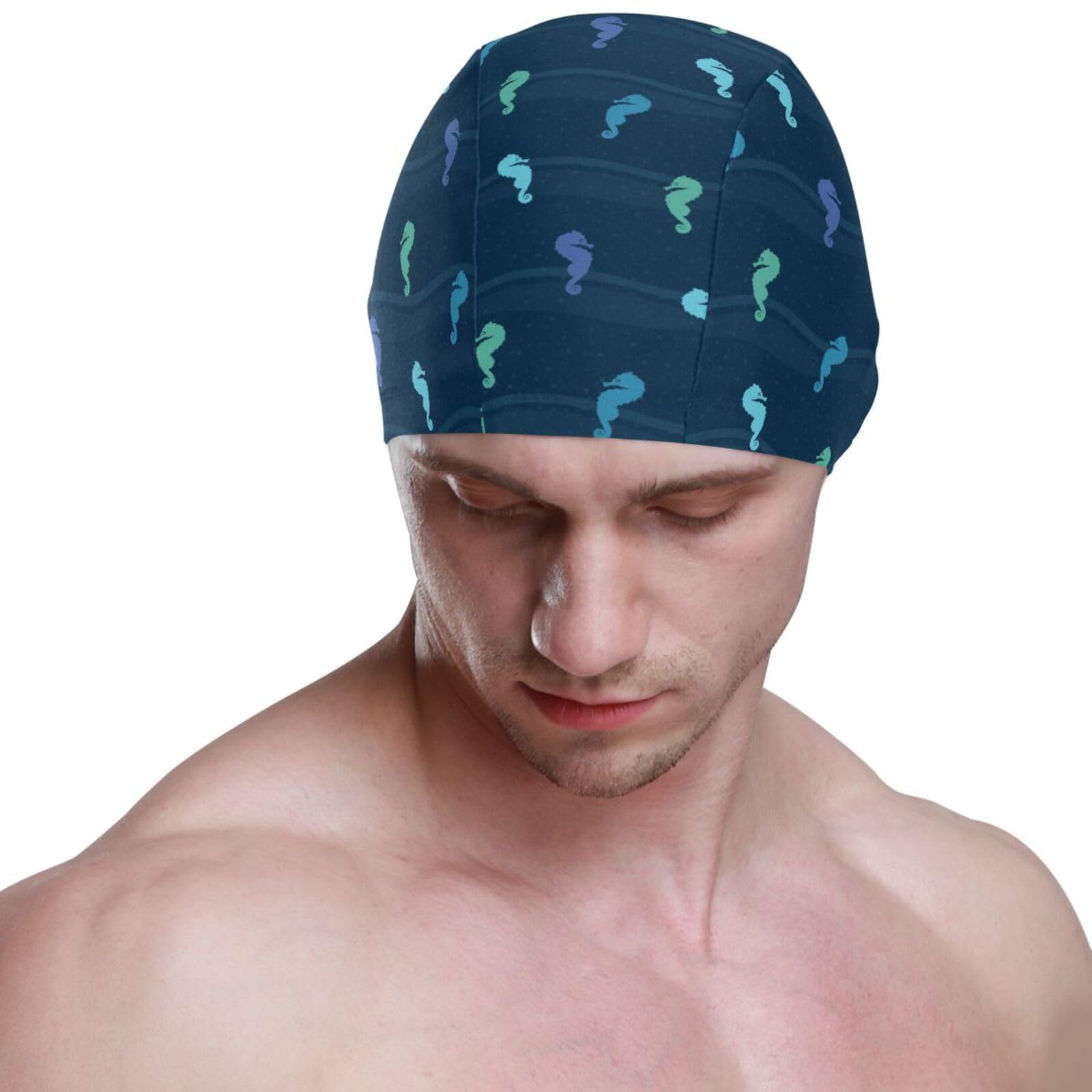Dallonan Swimming Cap Unisex Adult Swim Cap Women Men Seamless Seahorse Pattern Polyester